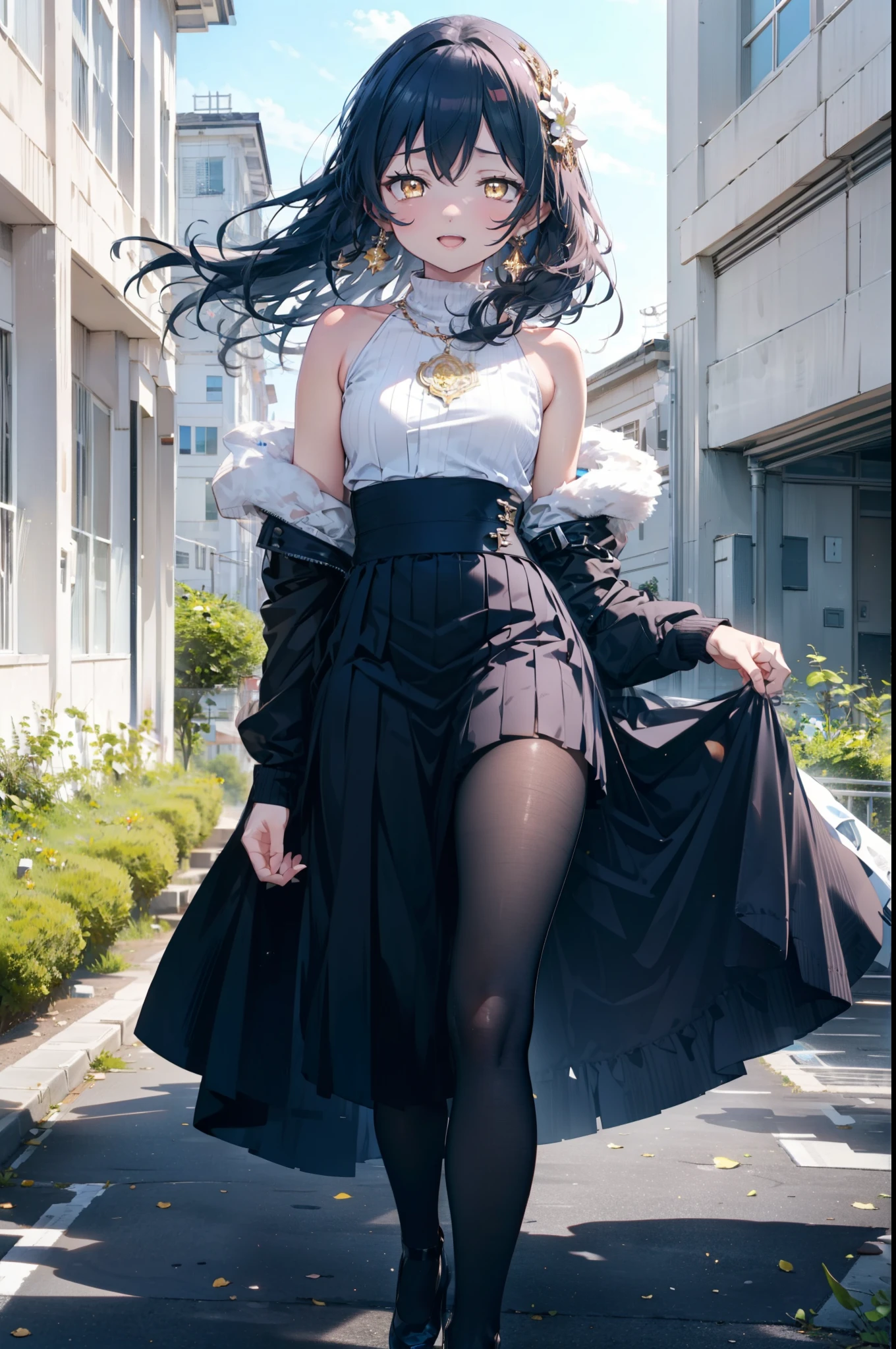 Kamisonoda, Umi Sonoda, Long Hair, Blue Hair, (Yellow Eyes:1.5) (Flat Chest:1.2),happy smile, smile, Open your mouth,One-shoulder sweater,Long skirt,Black pantyhose,Stiletto heels,Daytime,Clear skies,walking,
break looking at viewer,whole body, (Cowboy Shot:1. 5)
break outdoors,School,school gate,
break (masterpiece:1.2), highest quality, High resolution, unity 8k wallpaper, (figure:0.8), (Beautiful fine details:1.6), Highly detailed face, Perfect lighting, Highly detailed CG, (Perfect hands, Perfect Anatomy),