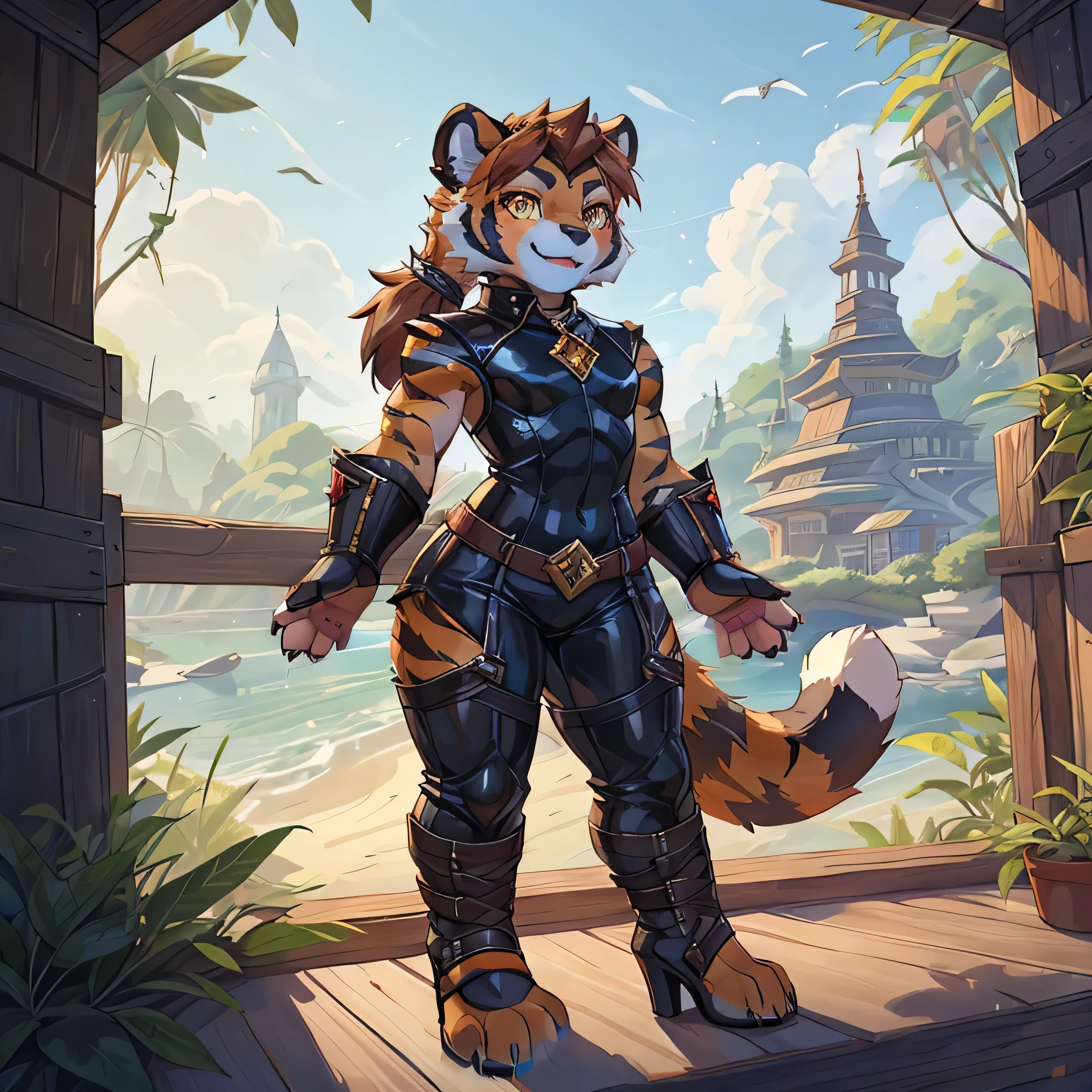 (4fingers), small_round_ears, small_panda_ears, pandaren, world_of_warcraft, furry, anthropomorphic, fluffy_tail, foxtail, cfemale, claws, red_panda, tiger_stripes, tiger_face, flat_chested, short_stack, , amber_eyes, (pupils), (tiger_legs), (left_foot_black_fur), (right_foot_white_fur), (four_fingers), waist_long_ponytail, brown_hair, ((three_toes)), ((3toes)), ((detailed_eyes)), ((detailed_face)), detailed_hands, leather boots, latex catsuit, high heels, exposed hips, white tip,