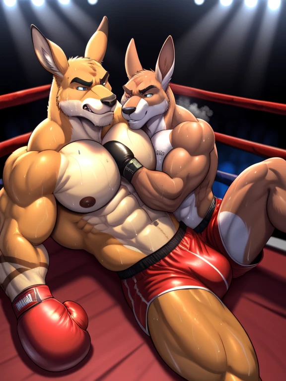 Duo male(Brown Kangaroo vs Brown Kangaroo, handsomes, Thick eyebrows), gay(Lying down, body on body, cuddling embraced, on a boxing ring), hot(Shirtless), handsomes(They are handsomes, correct anatomy), musculosos(Big muscle bodies, Six packs, muscle abs, big pecs, muscle backs, muscle legs), sweaty(very sweaty wet bodies, shiny sweat), tatuajes(they have tattoos), Angry(Both have an angry expression, growling, steaming breath), Boxing gloves(They both are wearing red boxing gloves), Boxing shorts(They both are wearing boxing shorts), Hight resolution, by(Zourik:1.1), holding thigtly