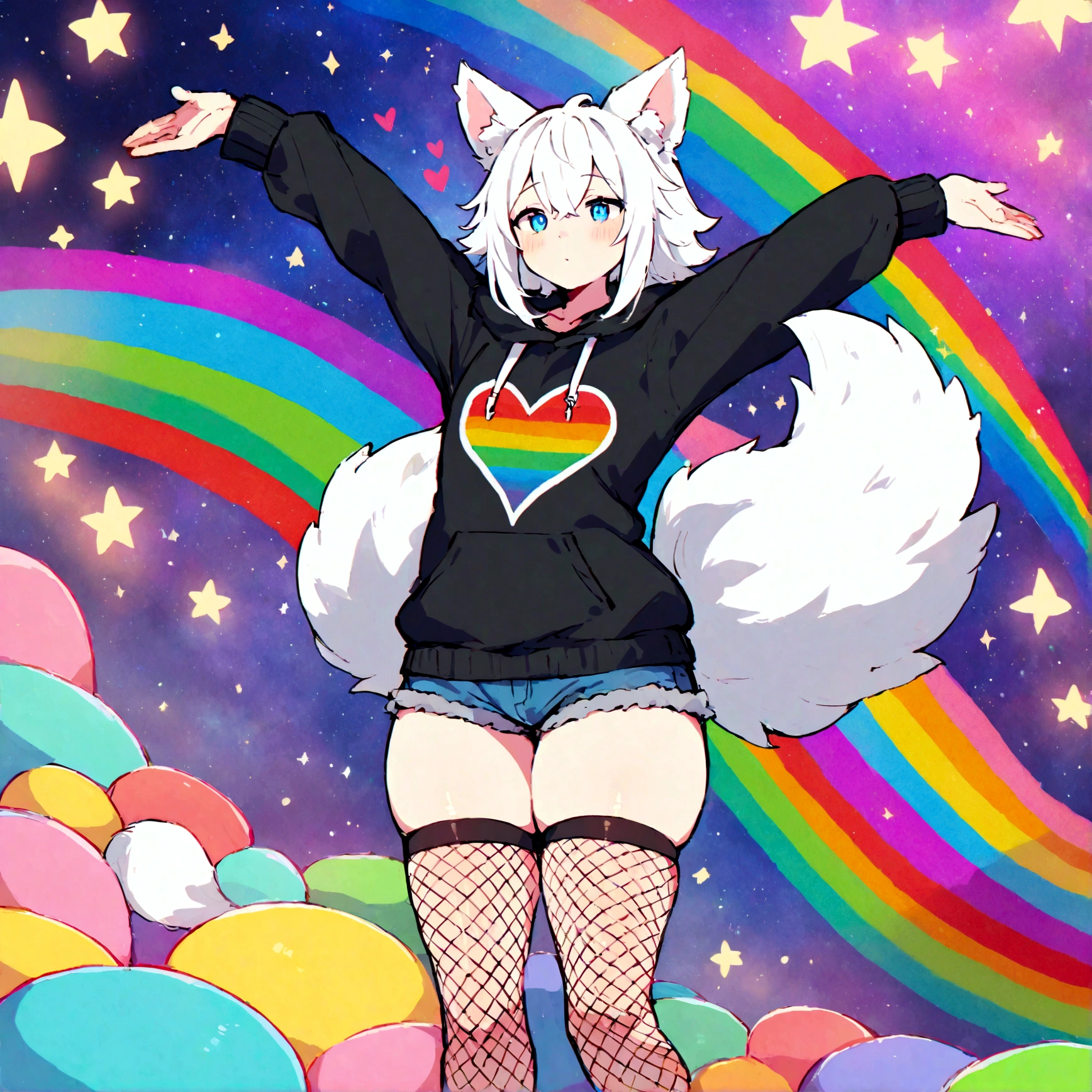 a cute adult male with wolf ears, white hair, has a wolf tail, wearing a loose cropped oversized black hoodie, wearing a pair of denim short shorts and fishnet stockings, thick thighs, wide hips, relaxing on mound of fluffy multi colored kawaii plushies, short, very slim, showing slender tummy, stretching out, heart on hoodie, squishy thighs, has glowing blue eyes. alone, solo (ALONE)(SOLO), surrounded by rainbows, colorful galaxy backround