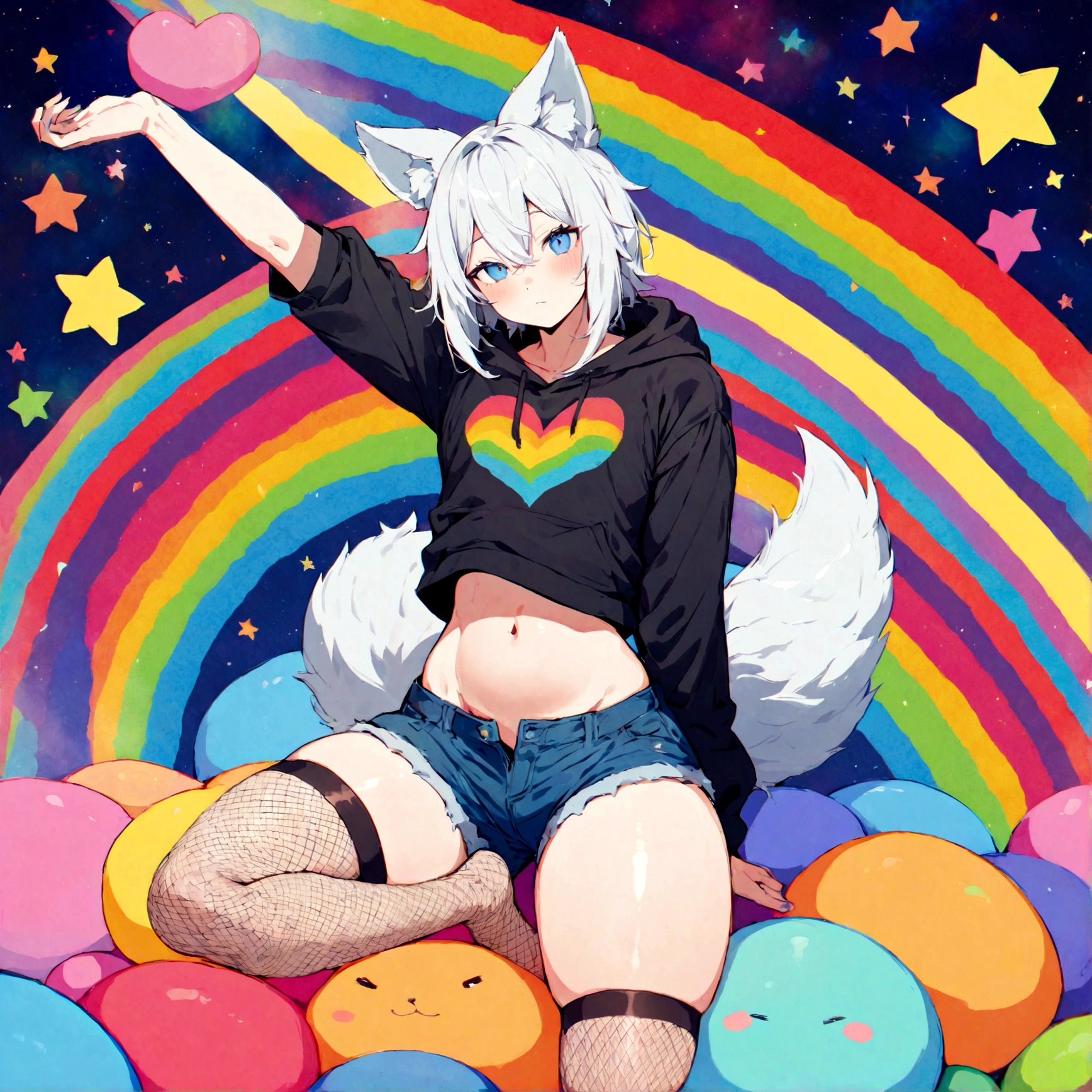 a cute adult male with wolf ears, white hair, has a wolf tail, wearing a loose cropped oversized black hoodie, wearing a pair of denim short shorts and fishnet stockings, thick thighs, wide hips, relaxing on mound of fluffy multi colored kawaii plushies, short, very slim, showing slender tummy, stretching out, heart on hoodie, squishy thighs, has glowing blue eyes. alone, solo (ALONE)(SOLO), surrounded by rainbows, colorful galaxy backround
