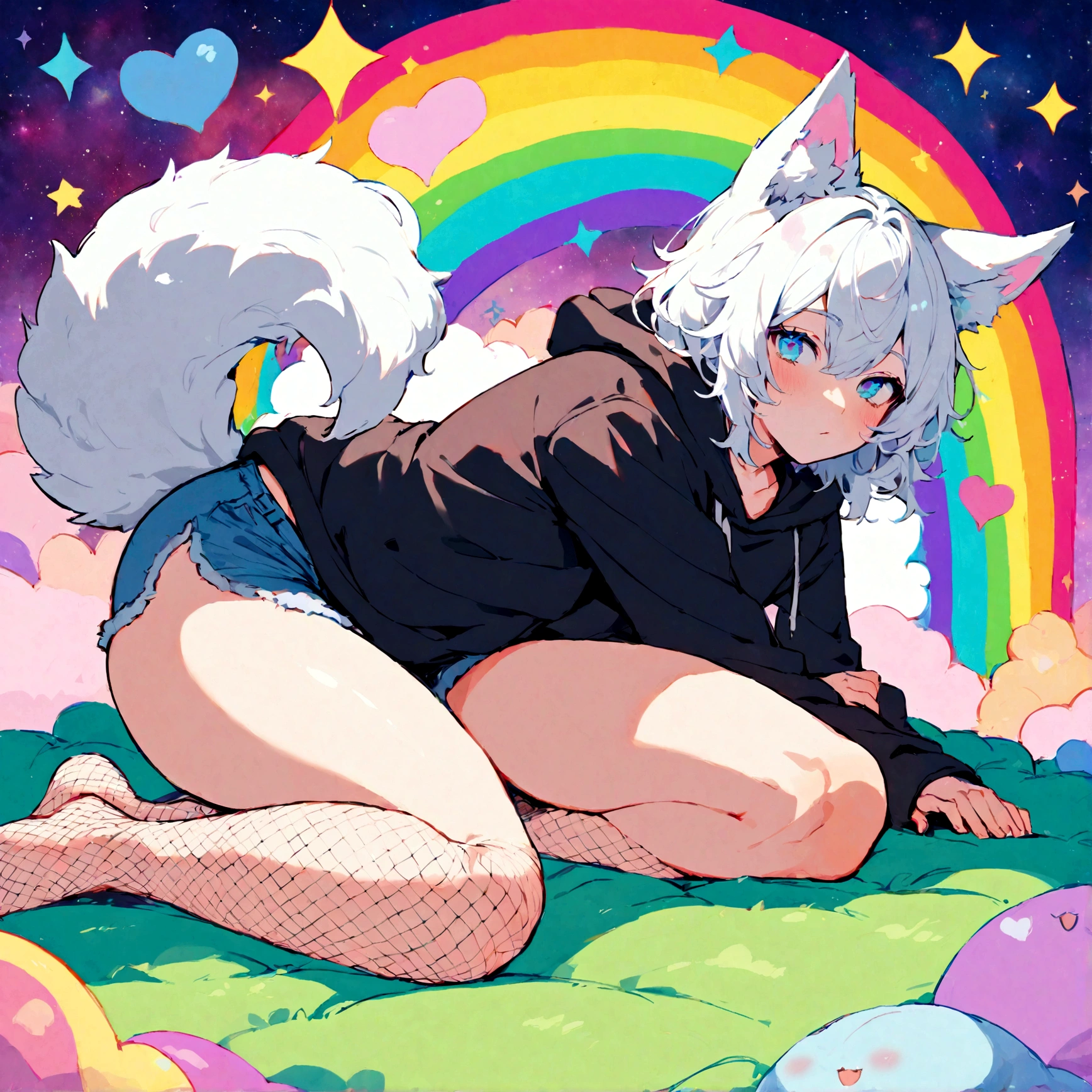 a cute adult male with wolf ears, white hair, has a wolf tail, wearing a loose cropped oversized black hoodie, wearing a pair of denim short shorts and fishnet stockings, thick thighs, wide hips, relaxing on mound of fluffy multi colored kawaii plushies, short, very slim, showing slender tummy, stretching out, heart on hoodie, squishy thighs, has glowing blue eyes. alone, solo (ALONE)(SOLO), surrounded by rainbows, colorful galaxy backround
