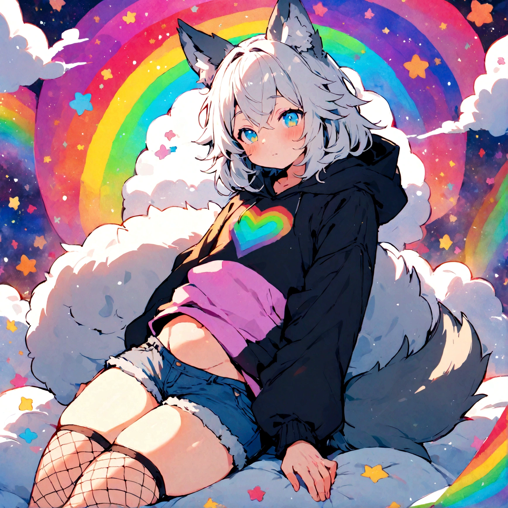 a cute adult male with wolf ears, white hair, has a wolf tail, wearing a loose cropped oversized black hoodie, wearing a pair of denim short shorts and fishnet stockings, thick thighs, wide hips, relaxing on mound of fluffy multi colored kawaii plushies, short, very slim, showing slender tummy, stretching out, heart on hoodie, squishy thighs, has glowing blue eyes. alone, solo (ALONE)(SOLO), surrounded by rainbows, colorful galaxy backround
