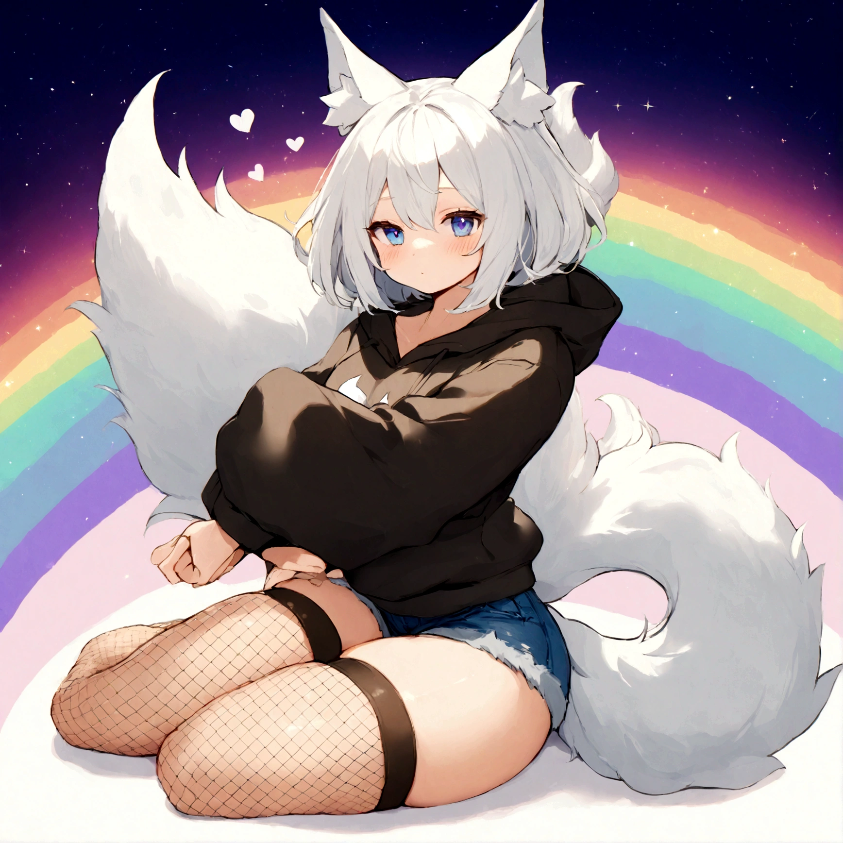 a cute adult male with wolf ears, white hair, has a wolf tail, wearing a loose cropped oversized black hoodie, wearing a pair of denim short shorts and thigh high fishnet stockings, thick thighs, wide hips, relaxing on mound of fluffy multi colored kawaii plushies, short, very slim, showing slender tummy, stretching out, heart on hoodie, squishy thighs, has glowing blue eyes. alone, solo (ALONE)(SOLO), surrounded by rainbows, colorful galaxy backround, nice butt
