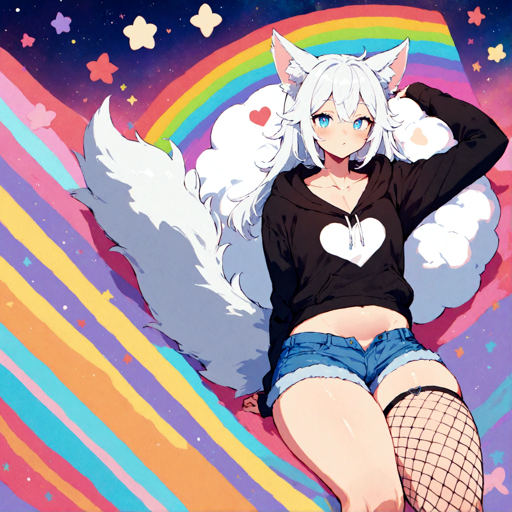 a cute adult male with wolf ears, white hair, has a wolf tail, wearing a loose cropped oversized black hoodie, wearing a pair of denim short shorts and fishnet stockings, thick thighs, wide hips, relaxing on mound of fluffy multi colored kawaii plushies, short, very slim, showing slender tummy, stretching out, heart on hoodie, squishy thighs, has glowing blue eyes. alone, solo (ALONE)(SOLO), surrounded by rainbows, colorful galaxy backround