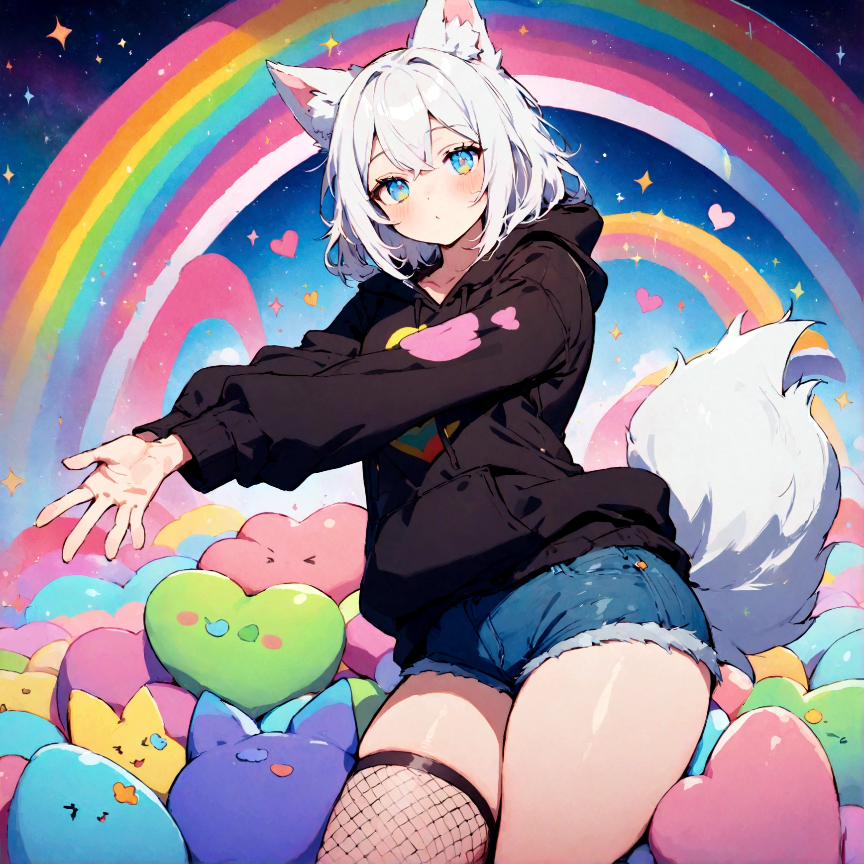 a cute adult male with wolf ears, white hair, has a wolf tail, wearing a loose cropped oversized black hoodie, wearing a pair of denim short shorts and fishnet stockings, thick thighs, wide hips, relaxing on mound of fluffy multi colored kawaii plushies, short, very slim, showing slender tummy, stretching out, heart on hoodie, squishy thighs, has glowing blue eyes. alone, solo (ALONE)(SOLO), surrounded by rainbows, colorful galaxy backround