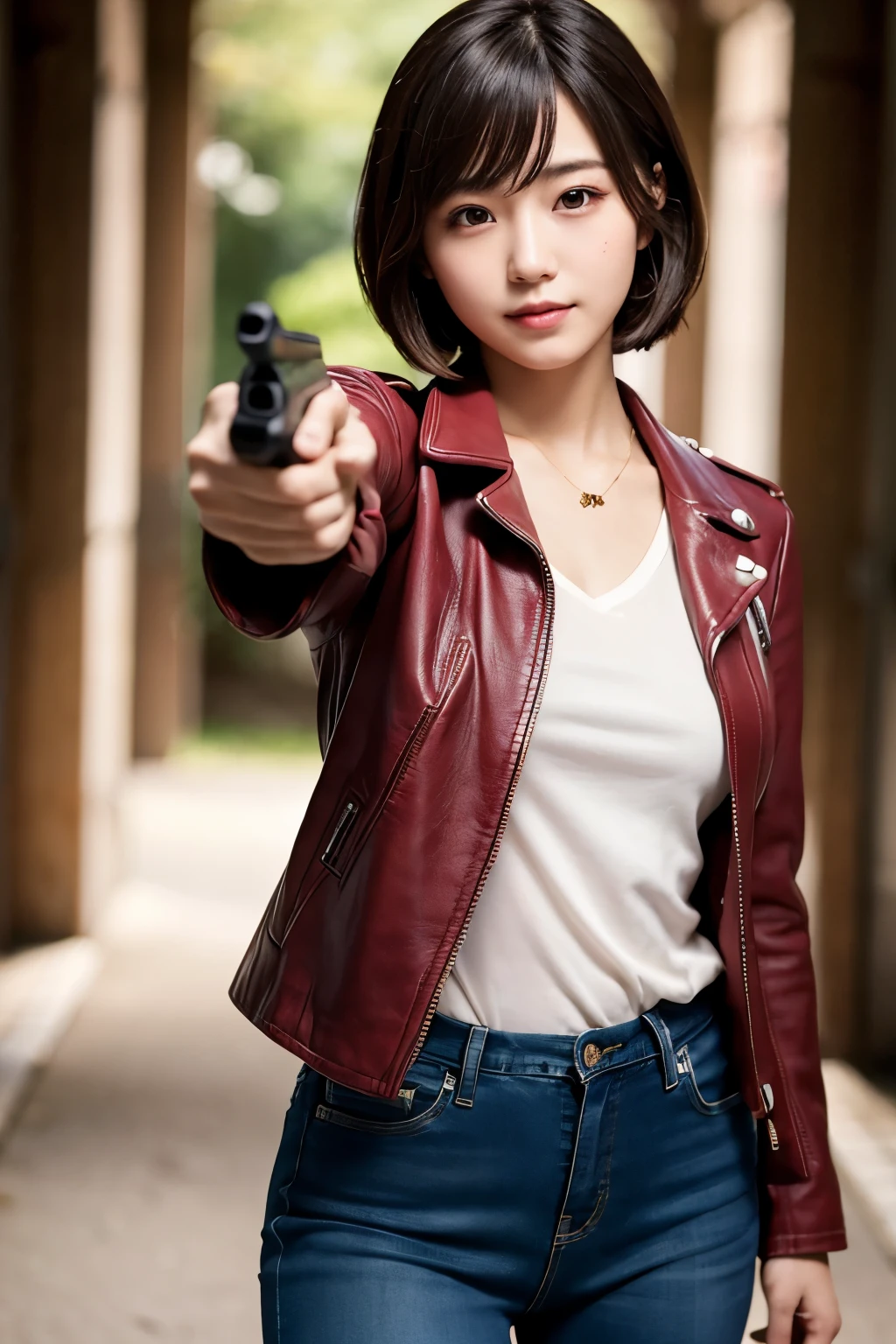 16 year old Japanese short hair idol girl、(((Holding a pistol in your hand)))、The muzzle of the gun is pointed right at me、Pink leather jeans、No underwear、masutepiece、highest quality、Photorealistic、Super detailed、Attention to detail、High resolution、8k wallpaper、1 beautiful woman、light brown disheveled hair、Long black leather jacket、Holding a pistol in your hand、Sharp focus、Perfect dynamic composition、Beautiful detailed red eye、Detailed Hair、Detailed and realistic skin texture、smile、Model's body type、Standing on street、Punching Style、