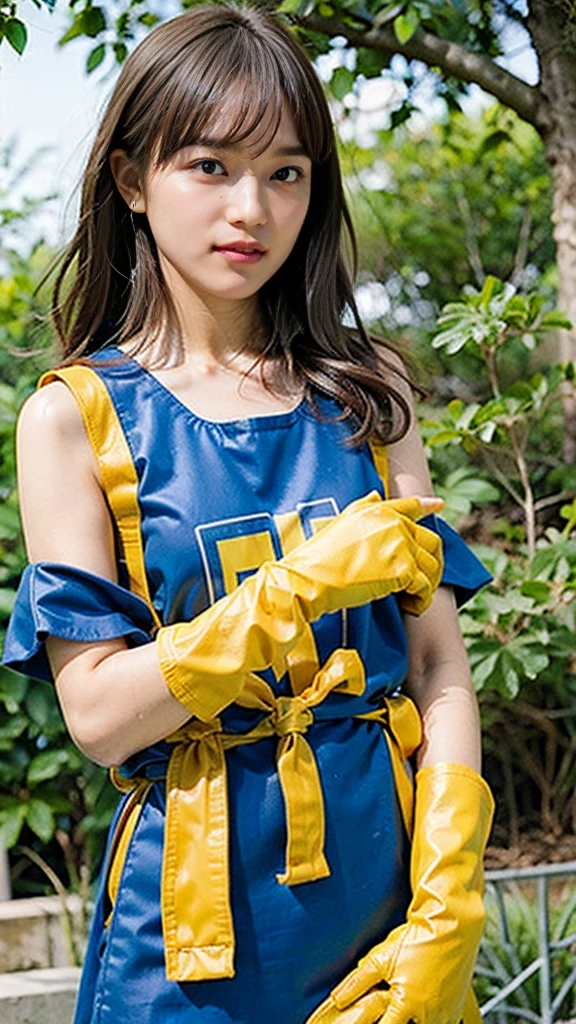 Digression, Under Digression, Raise your arms, (1 girl, 15 years old) ,Japanese Girls ,  (smile:0.7), smile,  priest \(dq3\), 1 girl, alone, ), (Red eyes), (Miter saw), (A thin tabard of bright blue on a bare:1.4), (Cross Print), (Orange elbow gloves), Beautiful small breasts、Beautiful cherry-colored areola、Erect nipples、Narrow waist、Shaved, Holding, staff, nature, blue sky, (Exposing shoulders), , (High color saturation:1.0),  (Very detailedな肌), (highest quality:1.0), (Ultra-high resolution:1.0) ,(Realistic:1.0), (Very detailed:1.0), (8k, RAW Photos:1.1).The wind blows her tabard open, revealing her naked body、Exposed breasts、Yellow headband