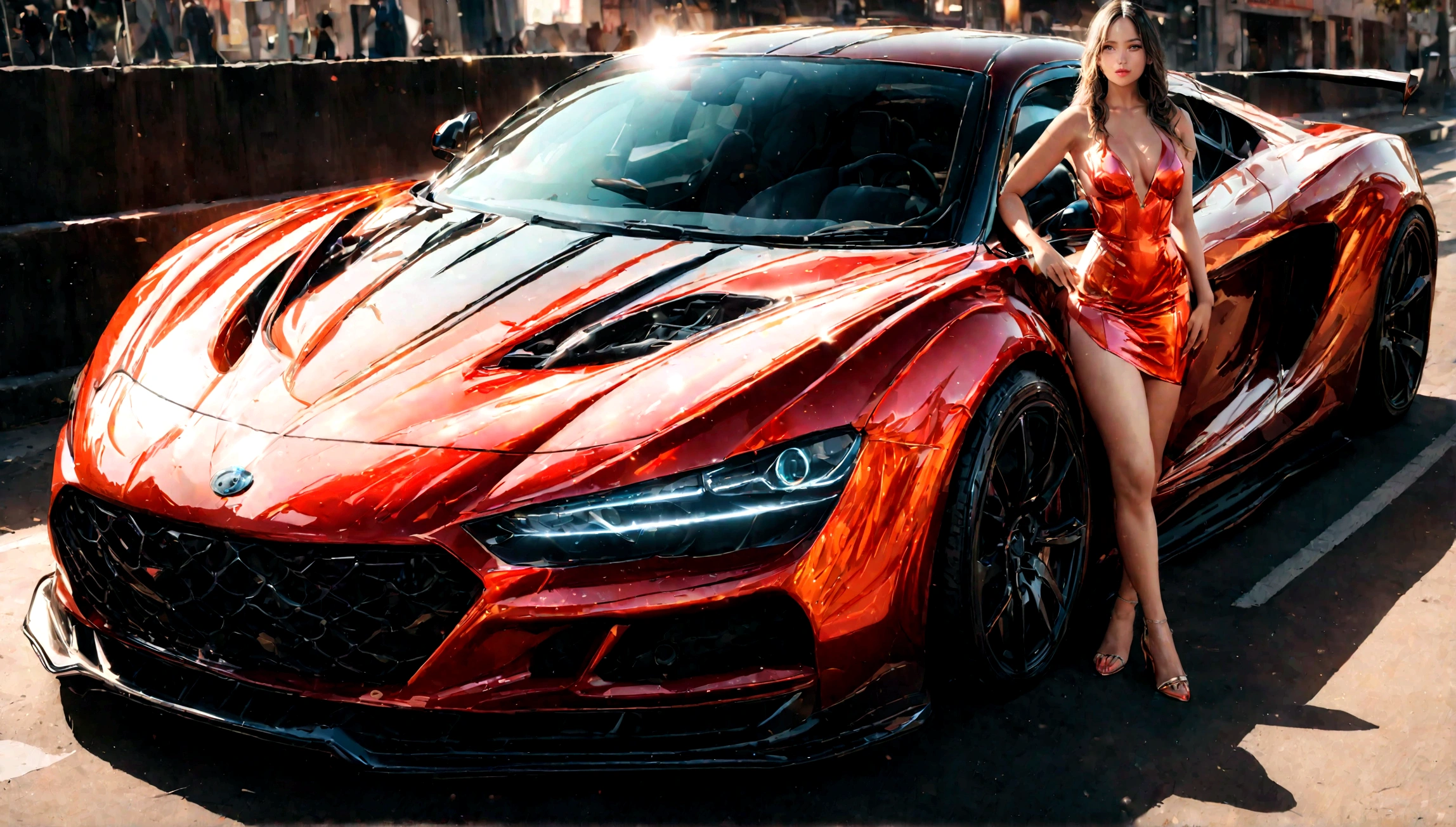 a beautiful girl in a tight dress posing next to a superdeportive car, hyper realistic, 8k, cinematic lighting, detailed facial features, photorealistic, volumetric lighting, dramatic shadows, highly detailed, intricate details, stunning, exquisite, flawless skin, elegant pose, impeccable fashion, glossy car paint, smooth metallic reflections, depth of field, cinematic framing