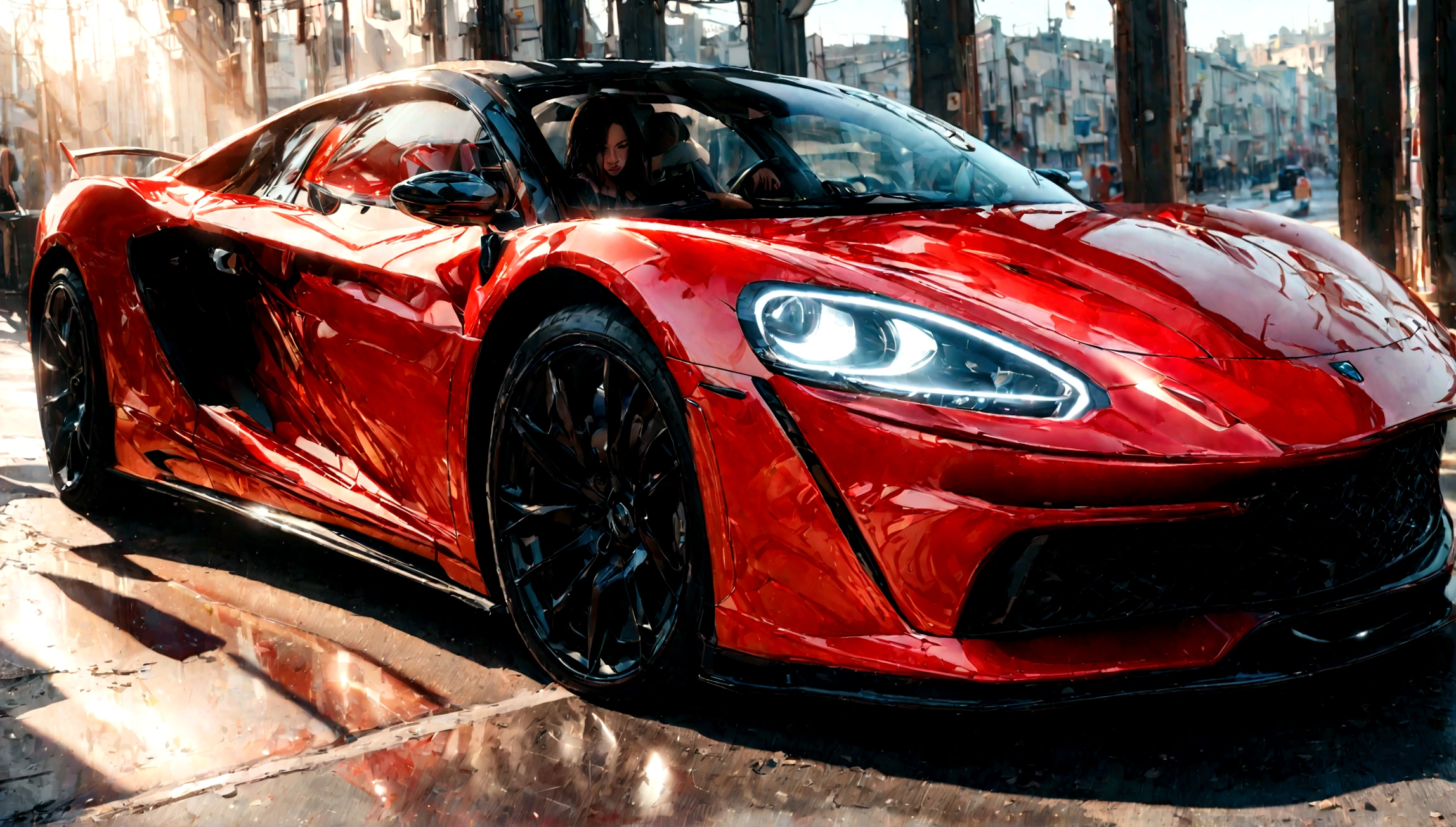 a beautiful girl in a tight dress posing next to a superdeportive car, hyper realistic, 8k, cinematic lighting, detailed facial features, photorealistic, volumetric lighting, dramatic shadows, highly detailed, intricate details, stunning, exquisite, flawless skin, elegant pose, impeccable fashion, glossy car paint, smooth metallic reflections, depth of field, cinematic framing