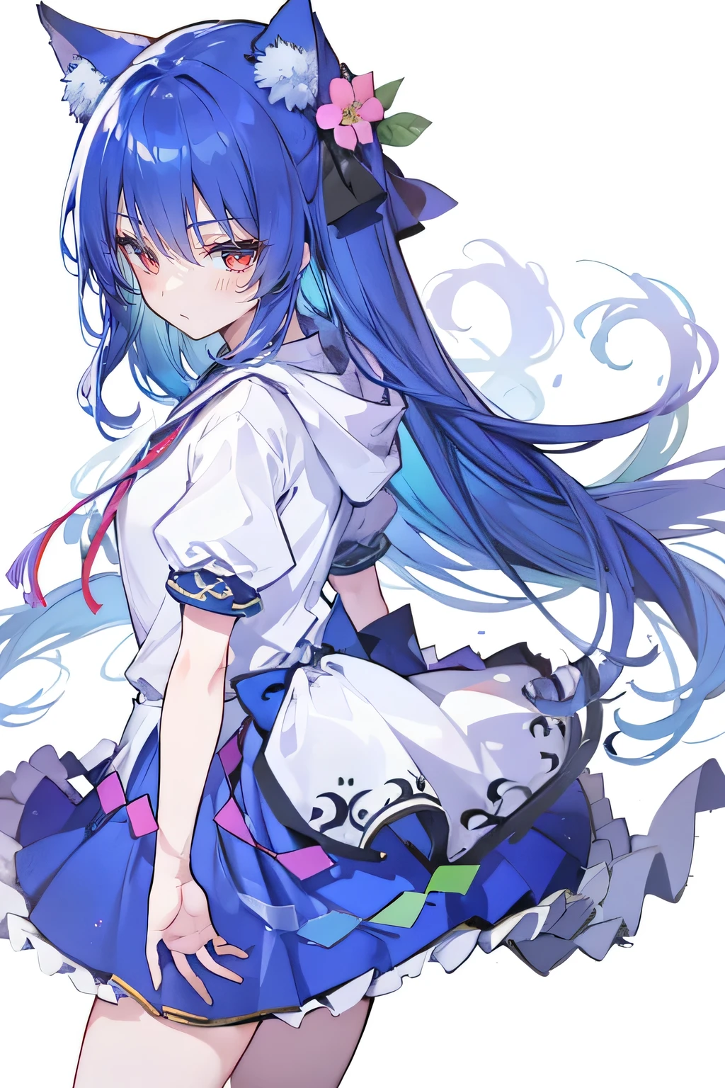 （masterpiece：1.2），Super detailed，lifelike，Expressive eyes，fair skin，perfect face shape，1 girl，
Japanese comics,Gorgeous blue hair,flowing blue hair,flowing clothes,Cat ears,Petals fall,beautiful lola,Baby Angel,
Shaking head with one hand，Cross your legs，Gentle and peaceful background，The pavilion is cool and comfortable,smile, wearing hoodie, background of tokyo,back views.