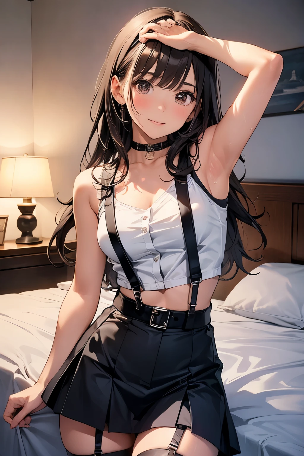 Staring at the audience Black suspenders bulging big breasts wall mini skirt garterbelt garter sight Small face holster Beautiful woman Show your hand Lying in bed sight Taunt side side汗 arm belt summer Armpit sweat
