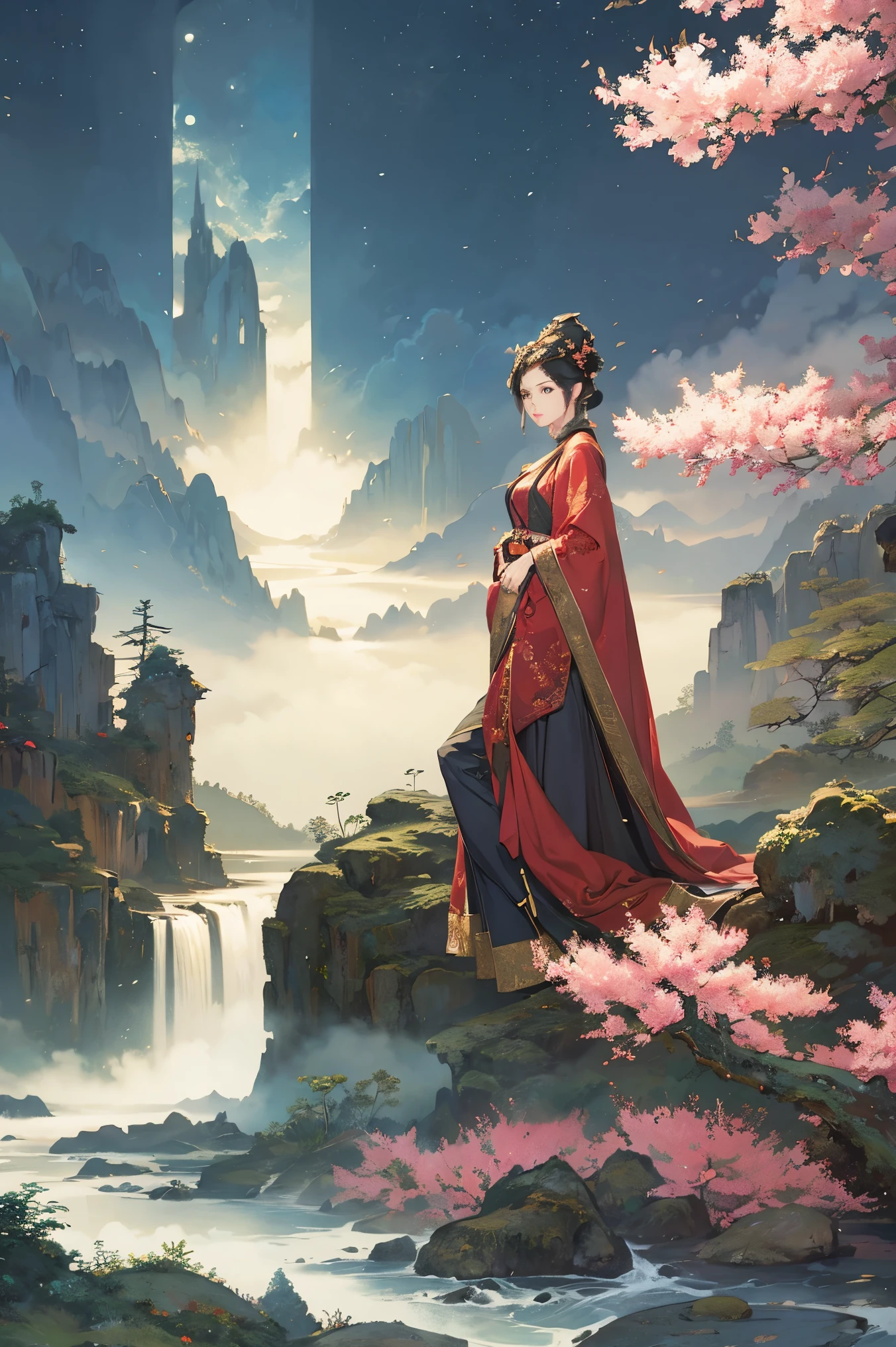 masterpiece,illustration,best quality,extremely detailed CG unity 8k wallpaper,Landscape woodcut prints,landscape woodcut prints,Lushan Waterfall,Hand painted,scenery,mountain,cloud,outdoors,landscape,dress,looking at viewer,DTstyle,goddess,night,moonlight,peer blossom,falling,blossom,sitting,fullbody,black stockings,standing,