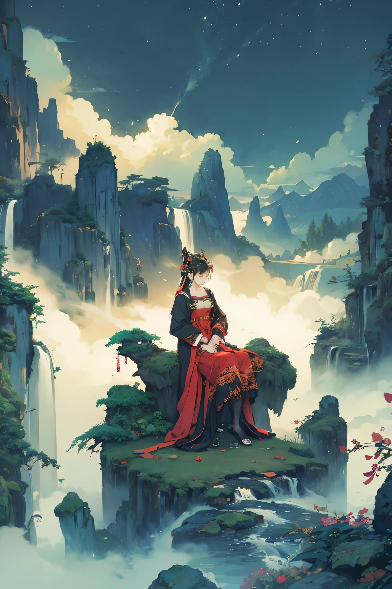 masterpiece,illustration,best quality,extremely detailed CG unity 8k wallpaper,Landscape woodcut prints,landscape woodcut prints,Lushan Waterfall,Hand painted,scenery,mountain,cloud,outdoors,landscape,dress,looking at viewer,DTstyle,goddess,night,moonlight,peer blossom,falling,blossom,sitting,fullbody,black stockings,standing,