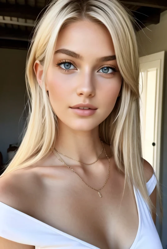 1 fille dans, 19 ans, Seulement, cheveux longs, Colossal , Regarder le spectateur, cheveux blond, bare shoulders, Yeux marrons, bijoux, tout le corps, un collier, On the shoulders, Chandails, Realistic, 