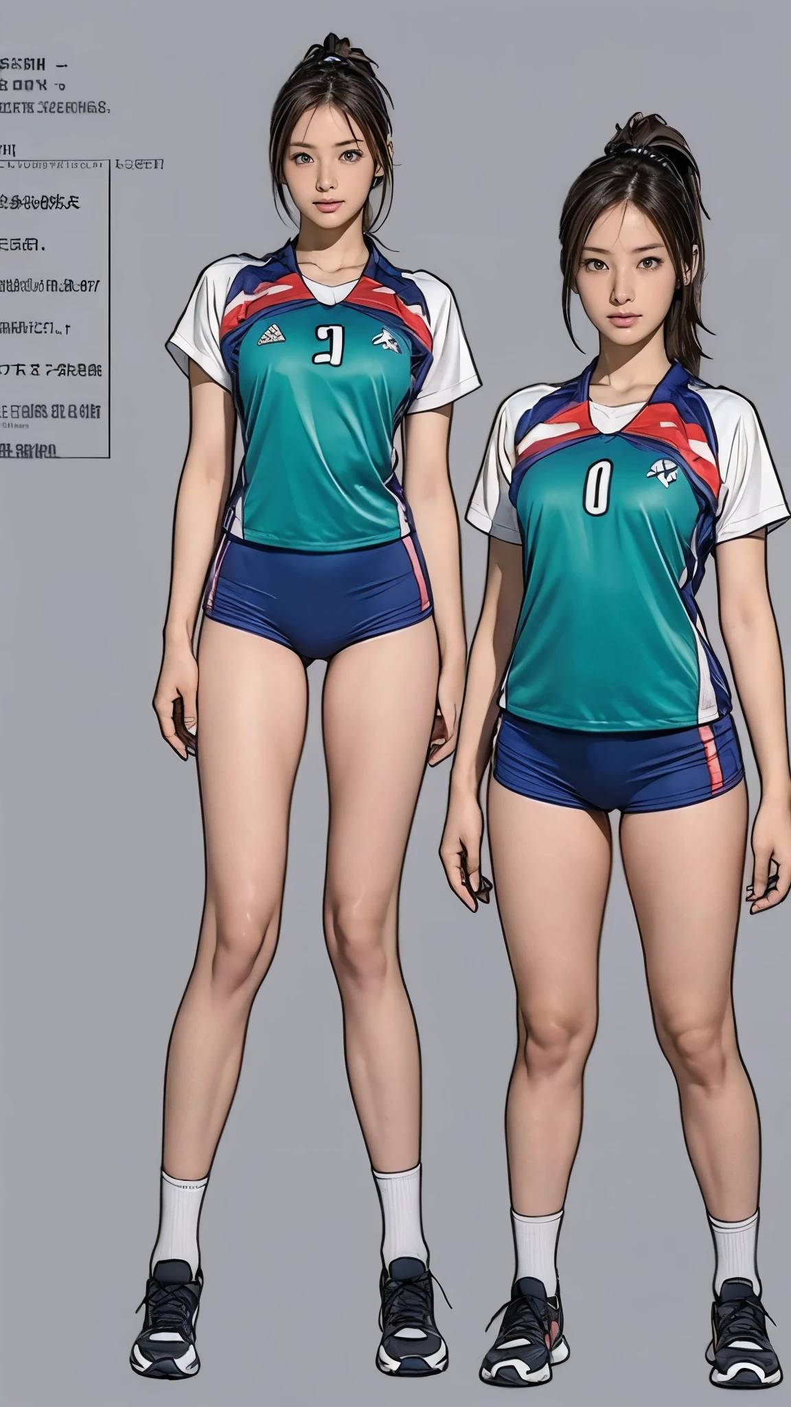 ((masterpiece)),(((highest quality))),((Reference Sheet, Character Design, front, return, ~ ~ side))), -yeld gi Cute type, Big Breasts, ponytail, Thin thighs, Long legs, It's not a big deal, Please wear volleyball uniform and volleyball shoes, ((Browsing Caution:1.1))