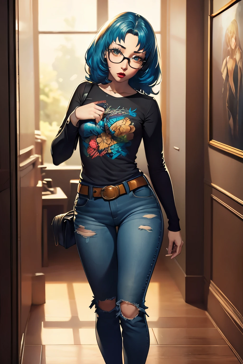 annette_guerra ,labios brillantes, Maquillaje ligero ,pelo naranja ,1 chica, solo, de pie, camiseta negra, Camisa blanca, vaqueros, belt, lipstick, gafas en la cabeza, A beautiful woman with long, flowing blue hair taking a selfie in a mirror, ((extremely detailed)), ((realistic artistic style)), ((photorealistic)), ((high-resolution 8K artwork)), ((full-body portrait)), ((casual pose)), ((detailed realistic realism)), ((intricate details)), ((striking colors)), ((perfect lighting)), ((natural skin tones)), ((elegant composition)), ((captivating expression)), ((good anatomy)), ((natural proportions)), ((accurate facial features)), ((sharp focus)), ((smooth skin texture)), ((lifelike shadows)), ((balanced contrast)), ((vivid colors))
