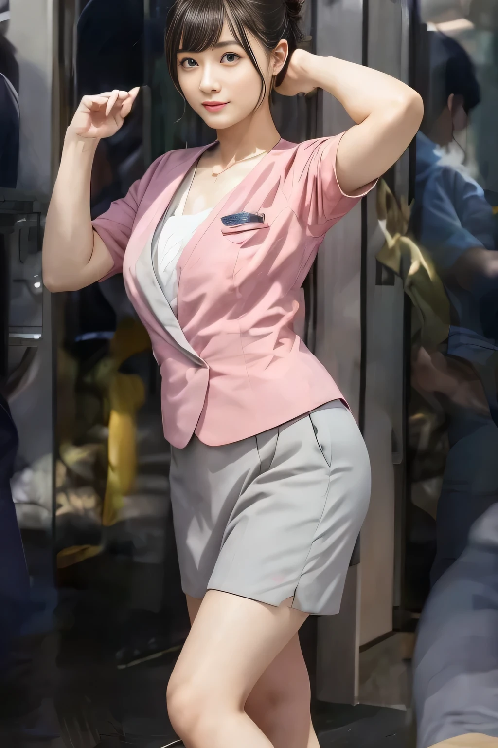 (masterpiece:1.2, highest quality:1.2), 32K HDR, High resolution, (alone、1 girl)、(On the rooftop of a building in the daytime、Professional Lighting)、Building rooftop background、(Nankai train crew uniform pinkを着たリアルスタイル)、(Nankai train crew uniform pink short sleeve pink jacket、Nankai Train Crew Uniform Pink Collarless Short Sleeve Blouse、Nankai Train Crew Uniform Pink Grey Knee-length Culottes)、Dark brown hair、(Hair tied up、Hair Bun、Hair Bun)、Dark brown hair、Long Shot、Big Breasts、Thin legs、((Great hands:2.0)),((Harmonious body proportions:1.5)),((Normal limbs:2.0)),((Normal finger:2.0)),((Delicate eyes:2.0)),((Normal eyes:2.0)))、smile、(Nankai Train Crew Uniform Pink Grey Knee-length Culottesを見せた美しい歩く姿)、Thin legs