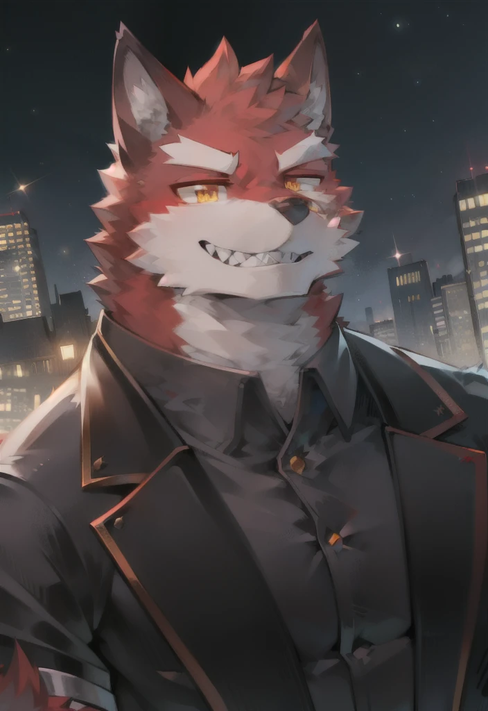 personal,Just not good, Muscular body, younger,Red fur ,Red fur,Red ears,body torn, Bustling night city background,Direct vision,smiling,Sharp teeth are exposed,Happy Mood,Beautiful night sky, Wearing a loose black suit,wolf furry character,Golden Eyes,very handsome