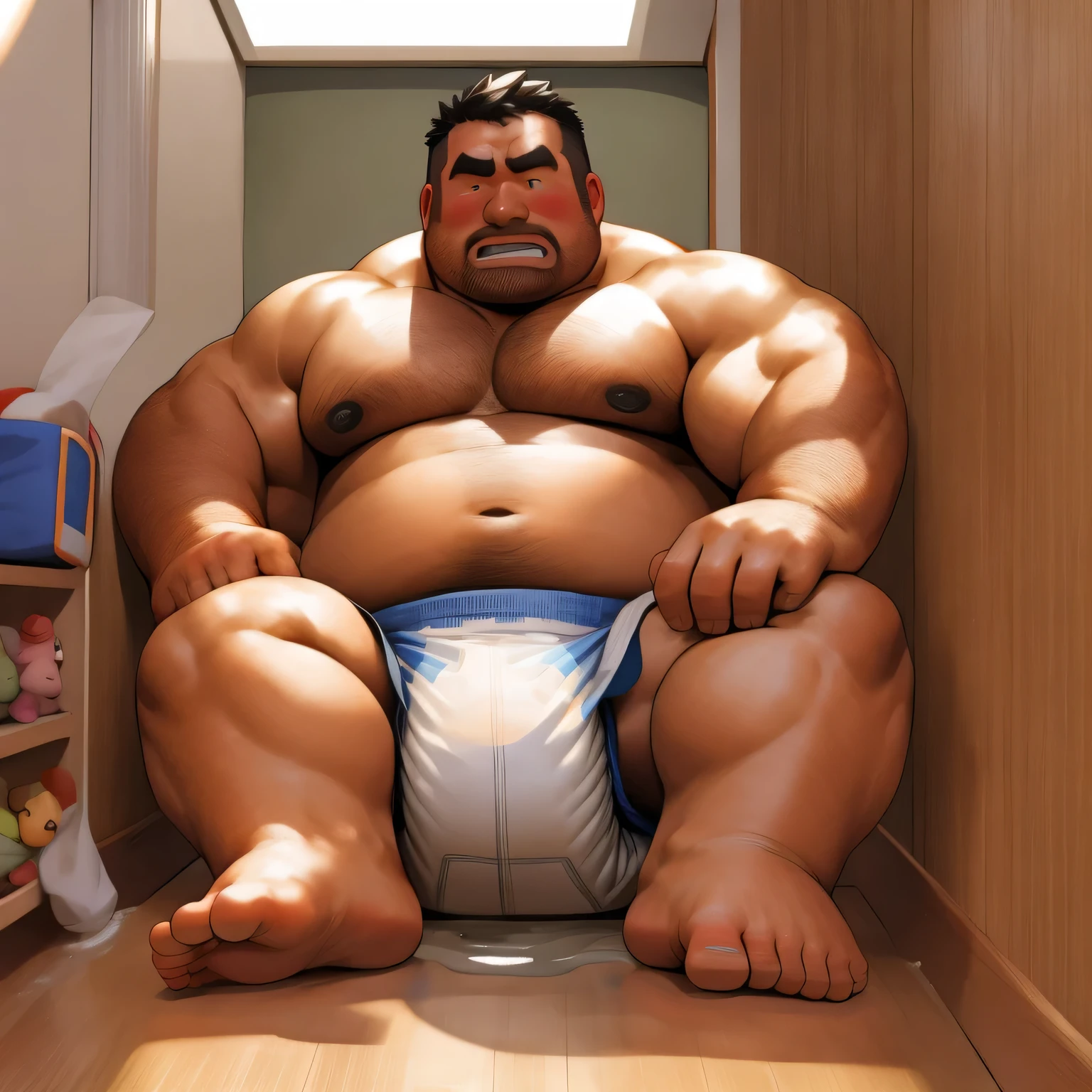 masterpiece, Top quality, in 32K, perfect anatomy, hyper detailed, super fine illustration, The thick man is a brutal prisoner, retarded, hairy, human, 50yo in japan, (fatness: 1.0), Fatty muscle, Bowleg, disappointment, incontinent, be diaper check by children, There is a small puddle under him, Naked, short legs, Bowleg, spread legs, wear a White cloth Diaper, Bare belly, Bare legs, Bare foots, Bare soles, Shirtless, wide forehead and short thinning hair, Man with round  face with stubble, Bare foots, Bare soles, shy, sissy, Weaker than children, Drool, Round face, He enters nursery school and is despised by children, He is made to stand attention in the corner of the playroom, corner time, He surrounded by children, Bare foots, big butt, White Diaper, sobbing, There is a small puddle under him