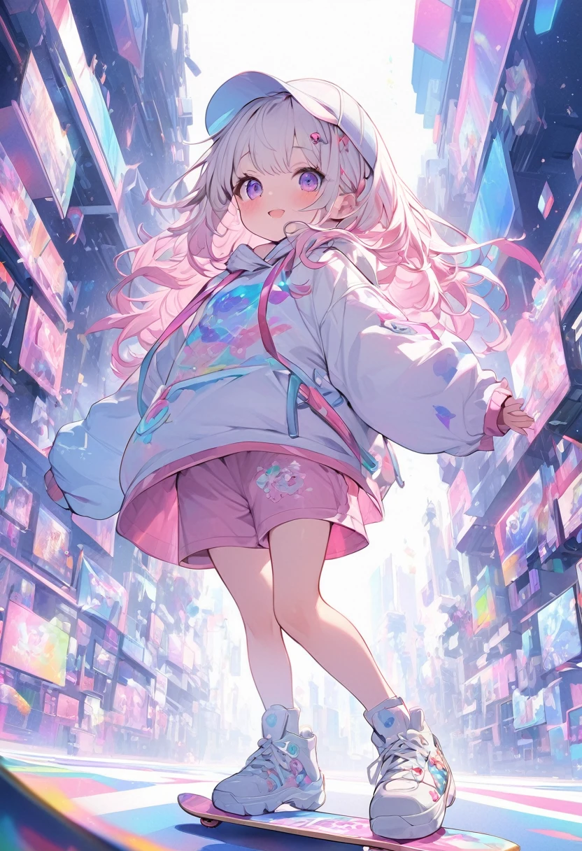 Digital art in imaginary space,A cute girl appearing on a skateboard in the internet space,Long white hair with mottled pink hair,He wears a cool white cap and emits white light particles.She is wearing a colorful hoodie, pink shorts, and white sneakers.pink colorful skateboard, there are a lot of chats and words floating around on the internet.You can see a big shining space beyond the internet space、A fantastic depiction of the internet space,The girl is young and cute,best quality,4k.8k ultra detail、Futuristic colors of the internet space,The texture of the girl's hair, the texture of her skin,