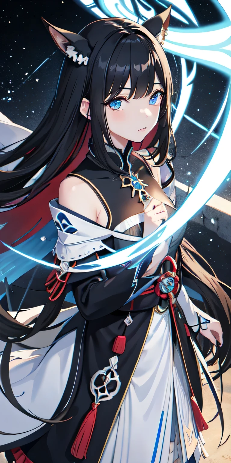1 garota, roupas japonesas, rabo de cavalo ,black hair blue eyes magic circle, fogo azul, chamas azuis, papel de parede, paisagem, sangue, sangue splatter, profundidade de campo, noite, light particles, raios de luz, side lighting, coxas, destino \(Series\), impacto genshin, ****, jaqueta aberta, saia, coxas, nuvem