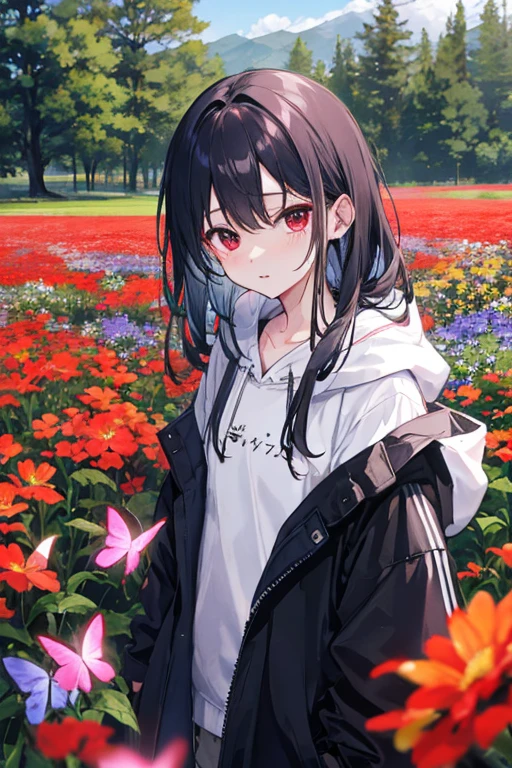 yurukawa、Loose、cute、Your cheeks are stained red、hoodie、Baggy parka、Flower Field、There are butterflies around、