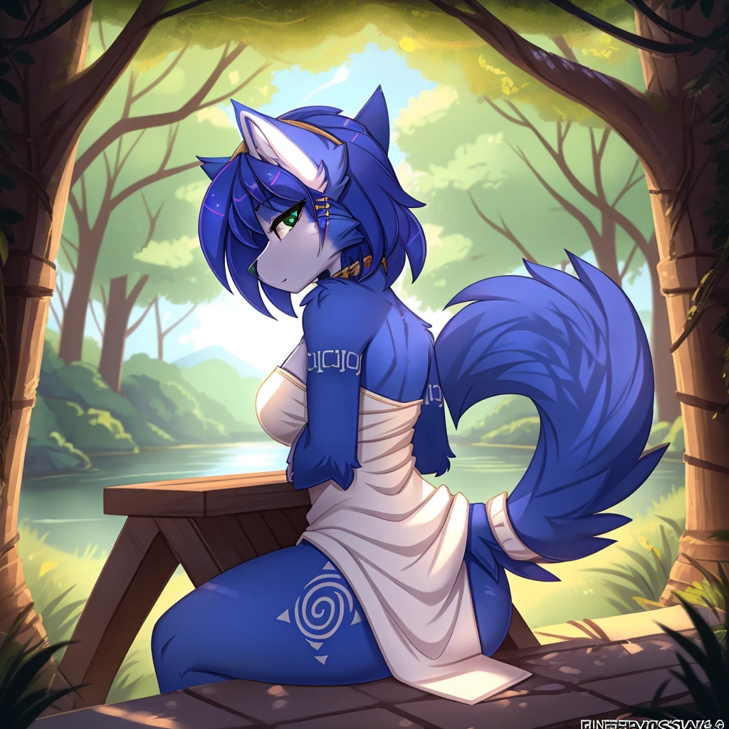 By zinfyuu on pixiv,by twistedscarlet60, uploaded on pixiv, by fluff-kevlar, (masterpiece), (best quality), (anthro furry:1.3, snout:1.2, anthro:1.3, furry:1.2, solo female:1.2), (extremely detailed:1.3), (green_detailed_eye), absol, wearing white dress, sfw, forest, sitting, lake, nature beauty, view on viewer, krystal