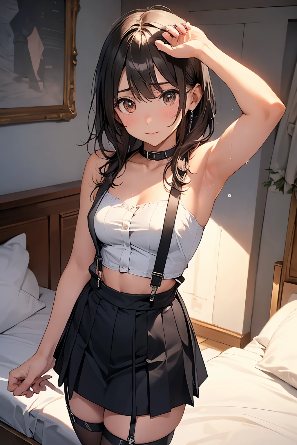 Staring at the audience Black suspenders bulging big breasts wall mini skirt garterbelt garter sight Small face holster Beautiful woman Show your hand Lying in bed sight Taunt side side汗 arm belt summer Armpit sweat