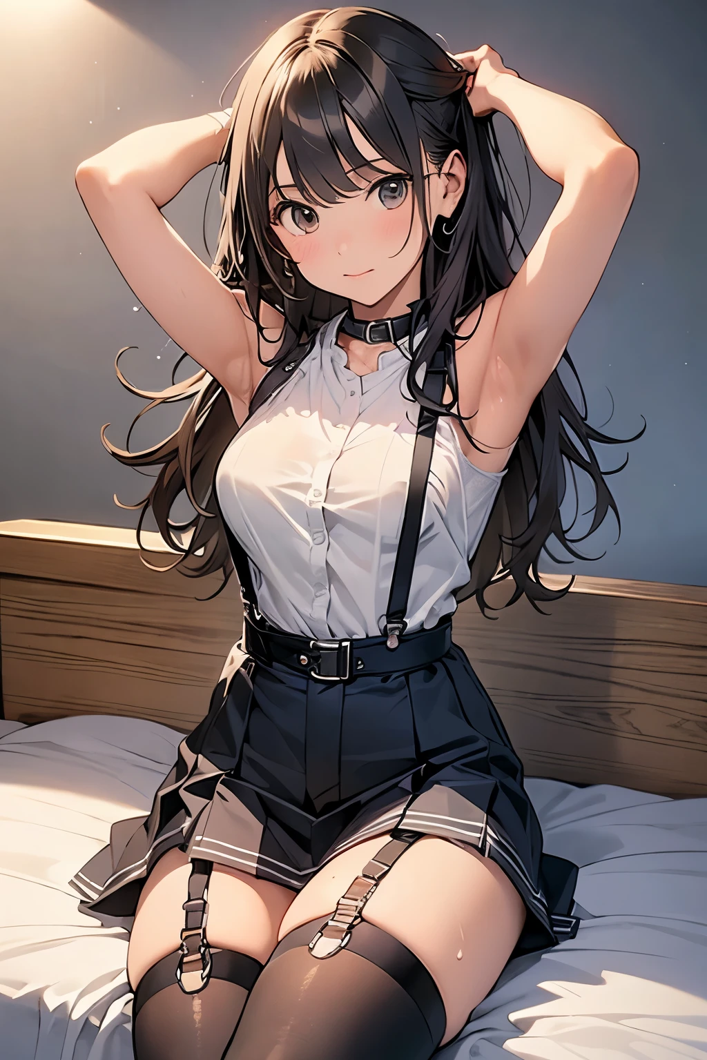 Staring at the audience Black suspenders bulging big breasts wall mini skirt garterbelt garter sight Small face holster Beautiful woman Show your hand Lying in bed sight Taunt side side汗 arm belt summer Armpit sweat