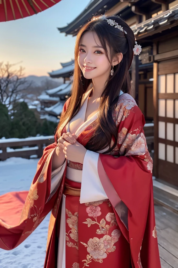 highest quality、8k Masterpiece、超A high resolution、(Photorealistic:1.3)、RAW Photos、1 girl、Crimson Japanese Kimono、geta、Silvery white super long hair、Long Hair、Glowing Skin、1. Super beautiful female samurai soldiers、((Ultra-Realistic Details))、Portrait、Global Illumination、Shadow、Octane Rendering、8k、Super sharp、Beautiful 、Metal、Cold colors、、Very intricate details、Realistic Light、CGSoation Trend、Beautiful Eyes、Shining Eyes、Looking into the distance、Neon Details、20age、Too beautiful face、Intelligence、Obscene、Sexy、Momile、whole body、Healthy Body、The background is Yoshiwara at night during the Edo period.、On the roof、love、Charm、mischievous、More sexy、Hands chest、Make your background more vibrant、Fantasy、Angle to toes、Whiter skin、Standing posture、More realistic facial features、smile、Retrospective、wide shot、full body、More realistic Japanese faces、Hair flowing in the cold wind