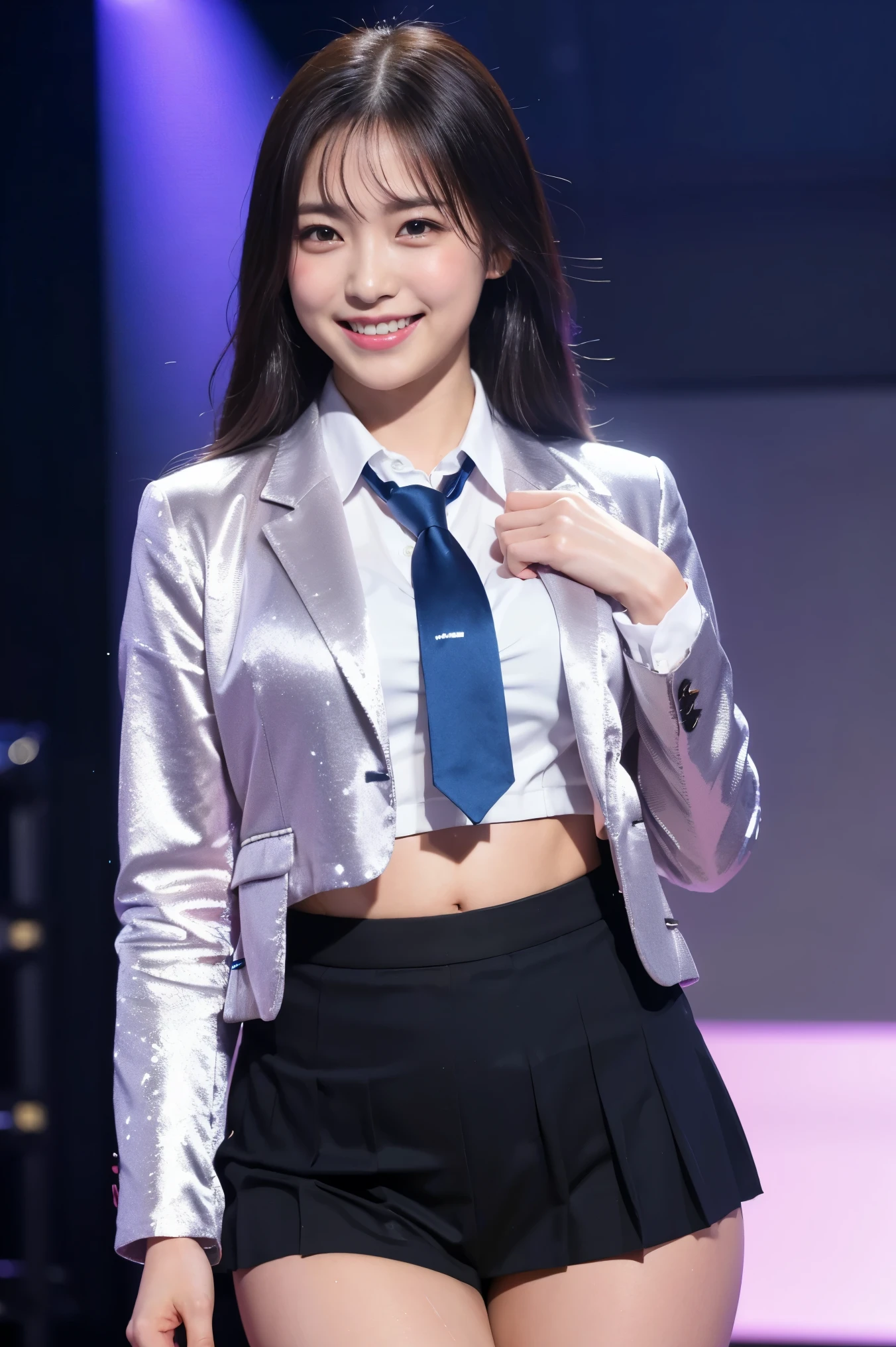 (8k), (highest quality: 1.2), (Realistic), (Realistic: 1.37), Ultra-high resolution, 1 girl, cute, (Embarrassed smile:1.2), (Blushing:1.4),Mouth closed, Beautiful details, Beautiful Nose, black straight Hair, Giant Dulcefo, pork, Thighs,Navel exposed,University Student Uniform,A simple blazer,Pleated check skirt,Platform boots,Dancing on the school stage,(Shiny Thighs:1.4),Medium Shot