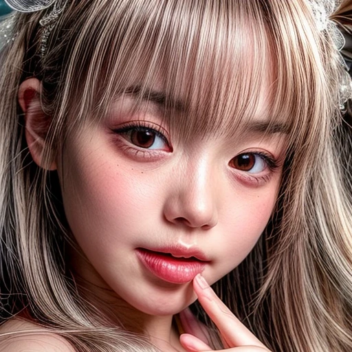 (highest quality,Super detailed,Physically Based Rendering:1.2), Realistic,Portraiture,Beautiful young woman with long wavy hair and captivating eyes,Delicate facial features,Soft lighting, Vibrant colors, ((Playfully licking fingers with tongue, Gently placing a finger in the mouth)),Subtle expressions of joy and anticipation,Romantic atmosphere, (Close-up shot of sensual lips),Cheeks turn slightly red,Sensual and sophisticated,A gentle and captivating gaze. centered, Studio gray background .