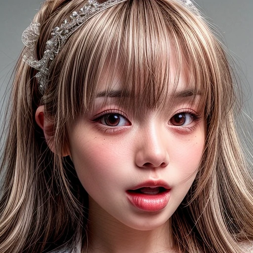 (highest quality,Super detailed,Physically Based Rendering:1.2), Realistic,Portraiture,Beautiful young woman with long wavy hair and captivating eyes,Delicate facial features,Soft lighting, Vibrant colors, ((Playfully licking fingers with tongue, Gently placing a finger in the mouth)),Subtle expressions of joy and anticipation,Romantic atmosphere, (Close-up shot of sensual lips),Cheeks turn slightly red,Sensual and sophisticated,A gentle and captivating gaze. centered, Studio gray background .