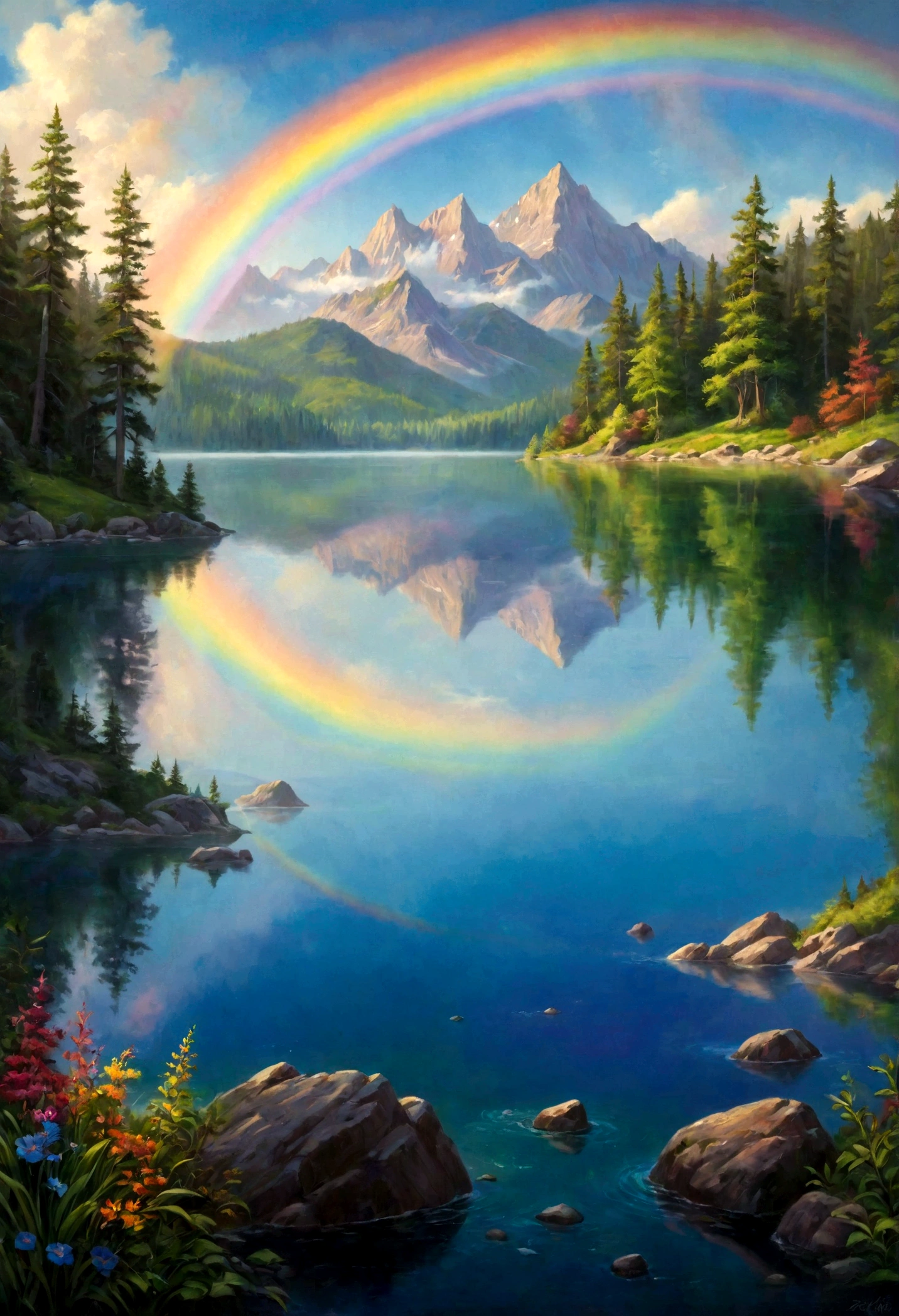 A photorealistic painting of a crystal-clear lake with a rainbow arching over its surface, casting a vibrant array of colors. Lush green forests surround the lake, and a legend whispers of mystical powers hidden within its depths. --v 6.0 --ar 9:16