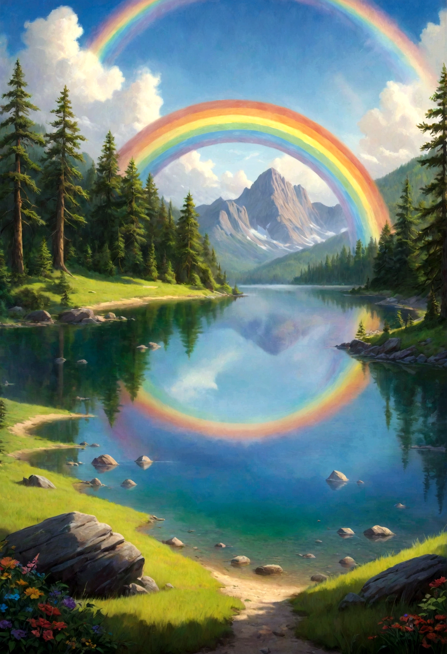 A photorealistic painting of a crystal-clear lake with a rainbow arching over its surface, casting a vibrant array of colors. Lush green forests surround the lake, and a legend whispers of mystical powers hidden within its depths. --v 6.0 --ar 9:16