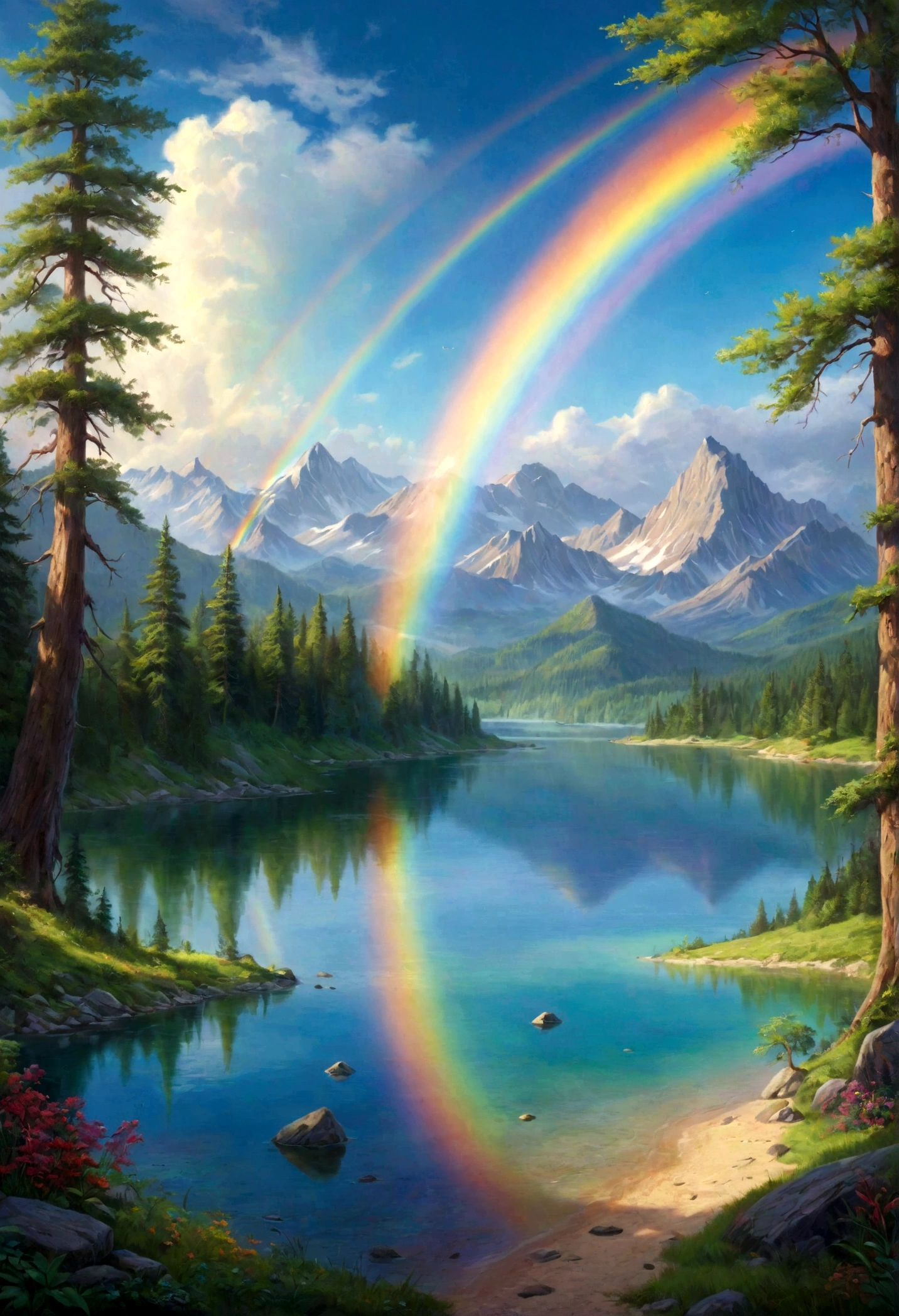 A photorealistic painting of a crystal-clear lake with a rainbow arching over its surface, casting a vibrant array of colors. Lush green forests surround the lake, and a legend whispers of mystical powers hidden within its depths. --v 6.0 --ar 9:16