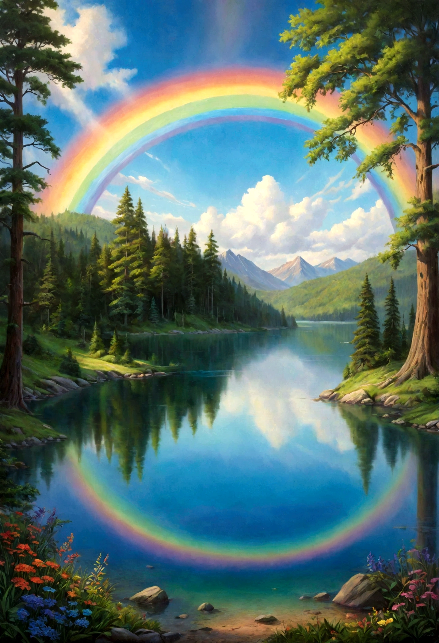 A photorealistic painting of a crystal-clear lake with a rainbow arching over its surface, casting a vibrant array of colors. Lush green forests surround the lake, and a legend whispers of mystical powers hidden within its depths. --v 6.0 --ar 9:16