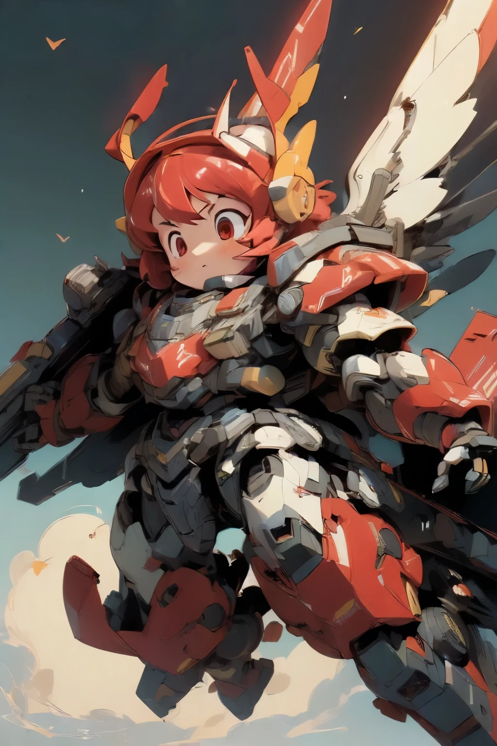 (((1girl floating in the sky, ))), (large cute face), (chibi face), ((Tight-lipped)),((low-angle)), ((low-angle view)), ((mechanical parts)), ((mechanical wings)), ((mecha wings)), full armor, ((mecha musume)), (HRS), (RARS), (full armor:1.5), (mecha armor:1.5), (huger arms:1.5), (battle-ready:1.2), (heavy weapons:1.5), (short legs:1.2), (huger body:2.0), ((red coloring armor:1.5)), (output booster:1.2), Heavy armament, heavy equipment, Mecha, ((from below)), red_eyes , chibi face, short hair, ((headgear)), ((full body in frame)), ((over size helm)), ((flying)), ((floating)), dynamic pose, fighting stance, (blue sky), white clouds, mechanical parts, mecha warrior, headgear, robot joints, full armor, becoming a mecha, ((looking down:2.0)), macro, mechagirl girl, BJ_Cute_Mech BREAK ((masterpiece)), vibrant colors, 8k, best quality, ultra detailed illustration, ((best quality)), ((high resolution)), flawless skin textures, shiny oiled skin, extremely detailed anime eyes , extreme light and shadows
