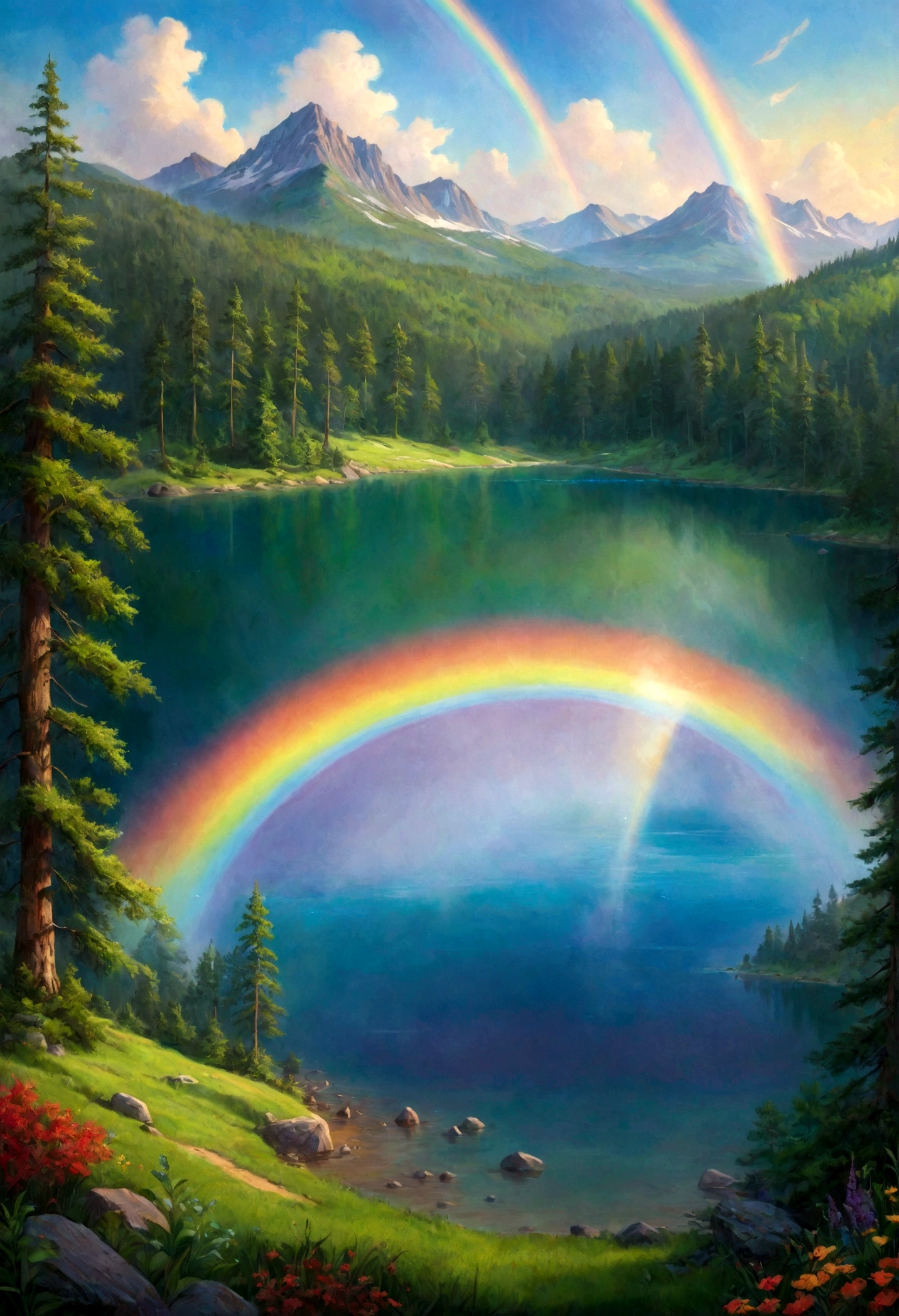 A photorealistic painting of a crystal-clear lake with a rainbow arching over its surface, casting a vibrant array of colors. Lush green forests surround the lake, and a legend whispers of mystical powers hidden within its depths. --v 6.0 --ar 9:16