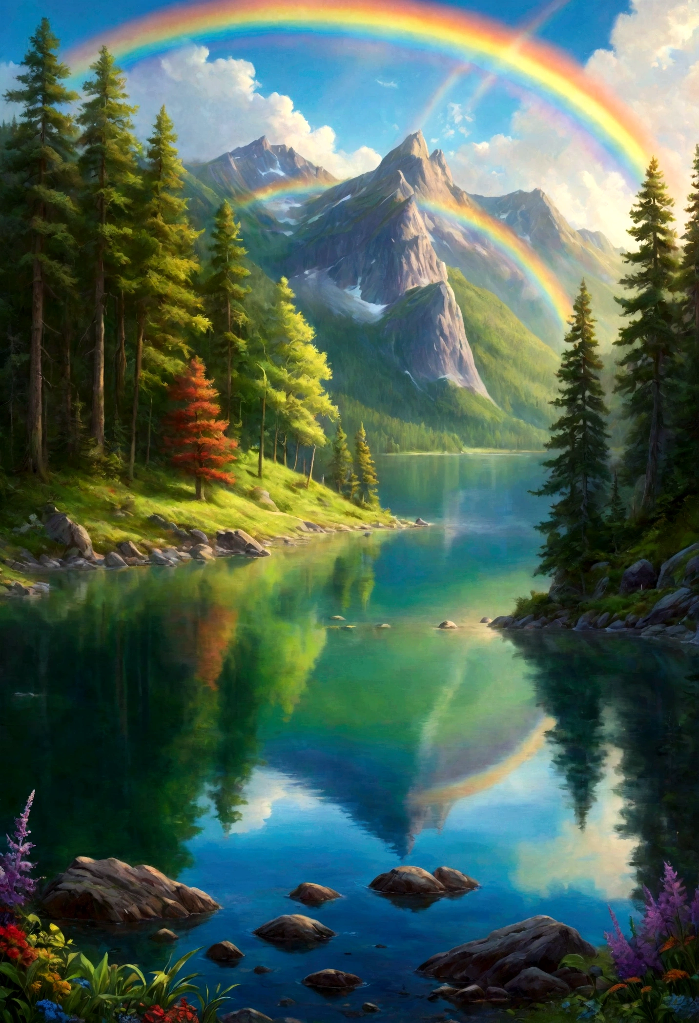 A photorealistic painting of a crystal-clear lake with a rainbow arching over its surface, casting a vibrant array of colors. Lush green forests surround the lake, and a legend whispers of mystical powers hidden within its depths. --v 6.0 --ar 9:16
