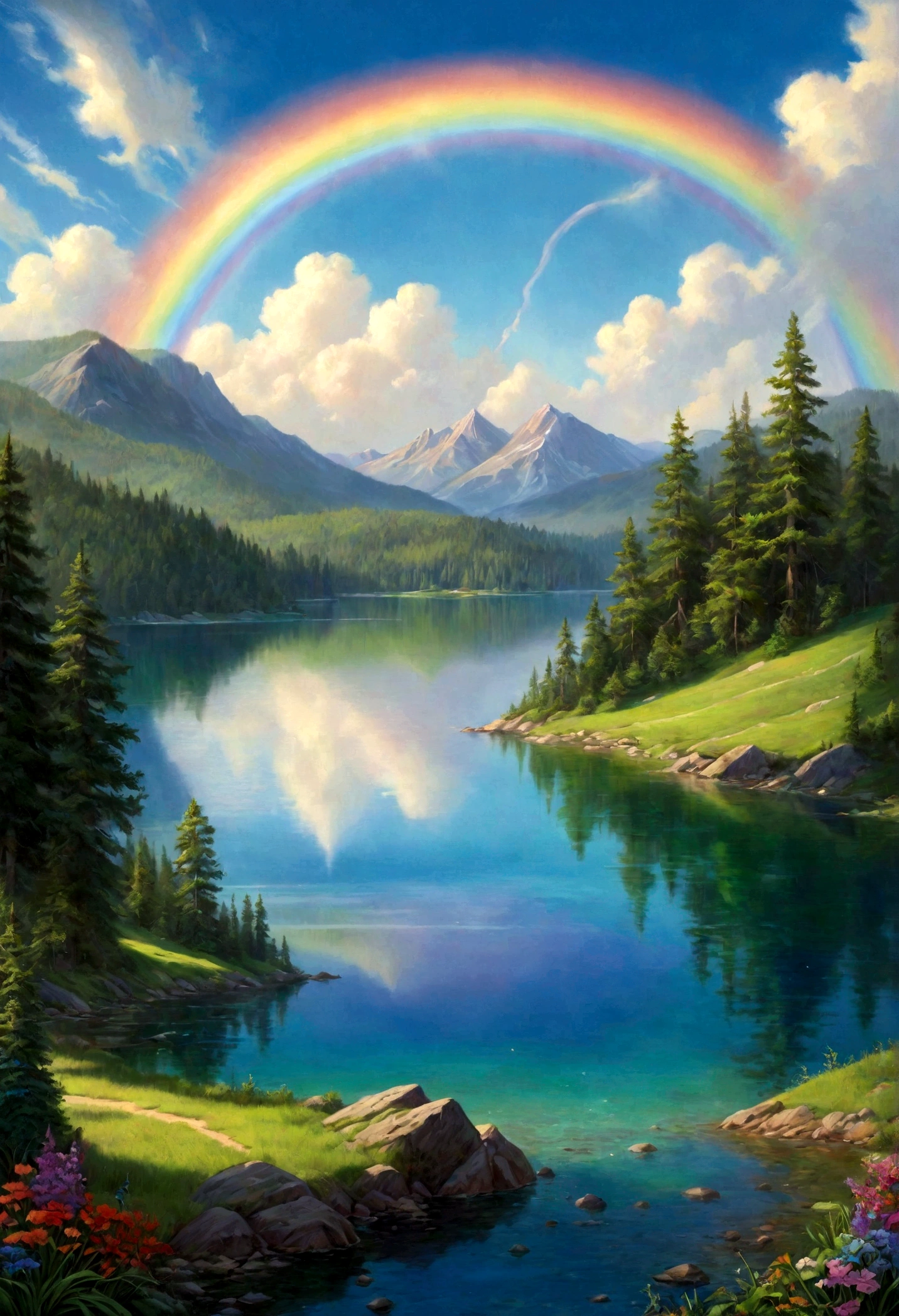 A photorealistic painting of a crystal-clear lake with a rainbow arching over its surface, casting a vibrant array of colors. Lush green forests surround the lake, and a legend whispers of mystical powers hidden within its depths. --v 6.0 --ar 9:16