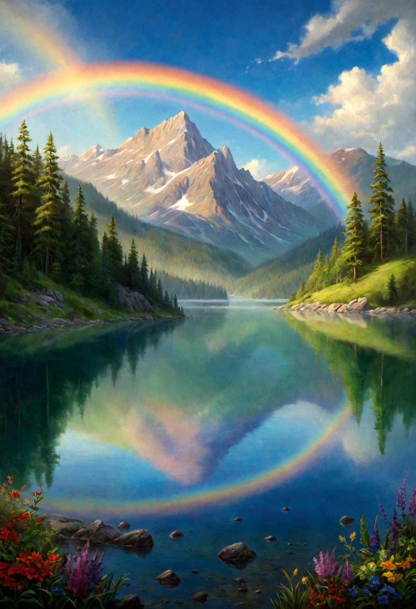A photorealistic painting of a crystal-clear lake with a rainbow arching over its surface, casting a vibrant array of colors. Lush green forests surround the lake, and a legend whispers of mystical powers hidden within its depths. --v 6.0 --ar 9:16