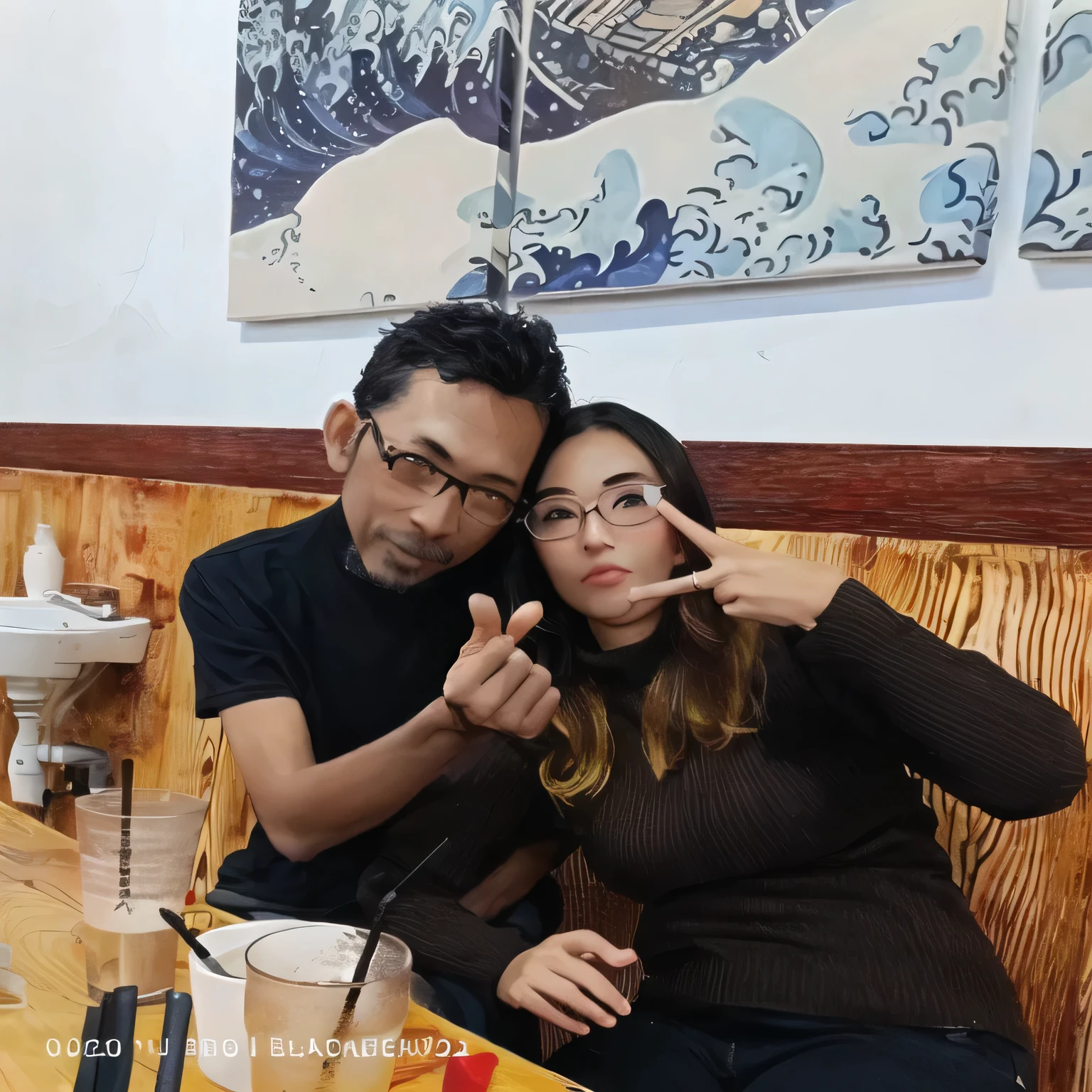 they are sitting at a table with a cup of coffee and a woman making a peace sign, very artistic pose, couple pose, taken in the early 2020s, photo taken in 2 0 2 0, an artistic pose, taken in 2 0 2 0, shot on nikon z9, profile picture 1024px, ruan jia and brom