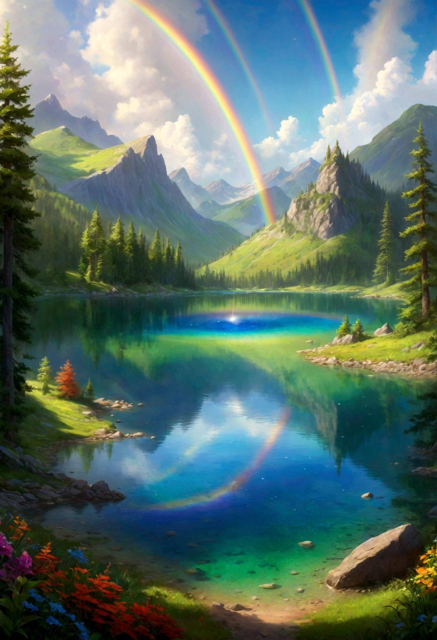 A photorealistic painting of a crystal-clear lake with a rainbow arching over its surface, casting a vibrant array of colors. Lush green forests surround the lake, and a legend whispers of mystical powers hidden within its depths. --v 6.0 --ar 9:16