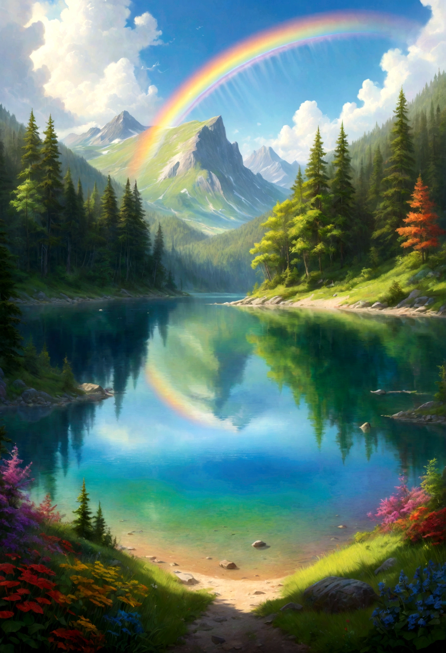 A photorealistic painting of a crystal-clear lake with a rainbow arching over its surface, casting a vibrant array of colors. Lush green forests surround the lake, and a legend whispers of mystical powers hidden within its depths. --v 6.0 --ar 9:16