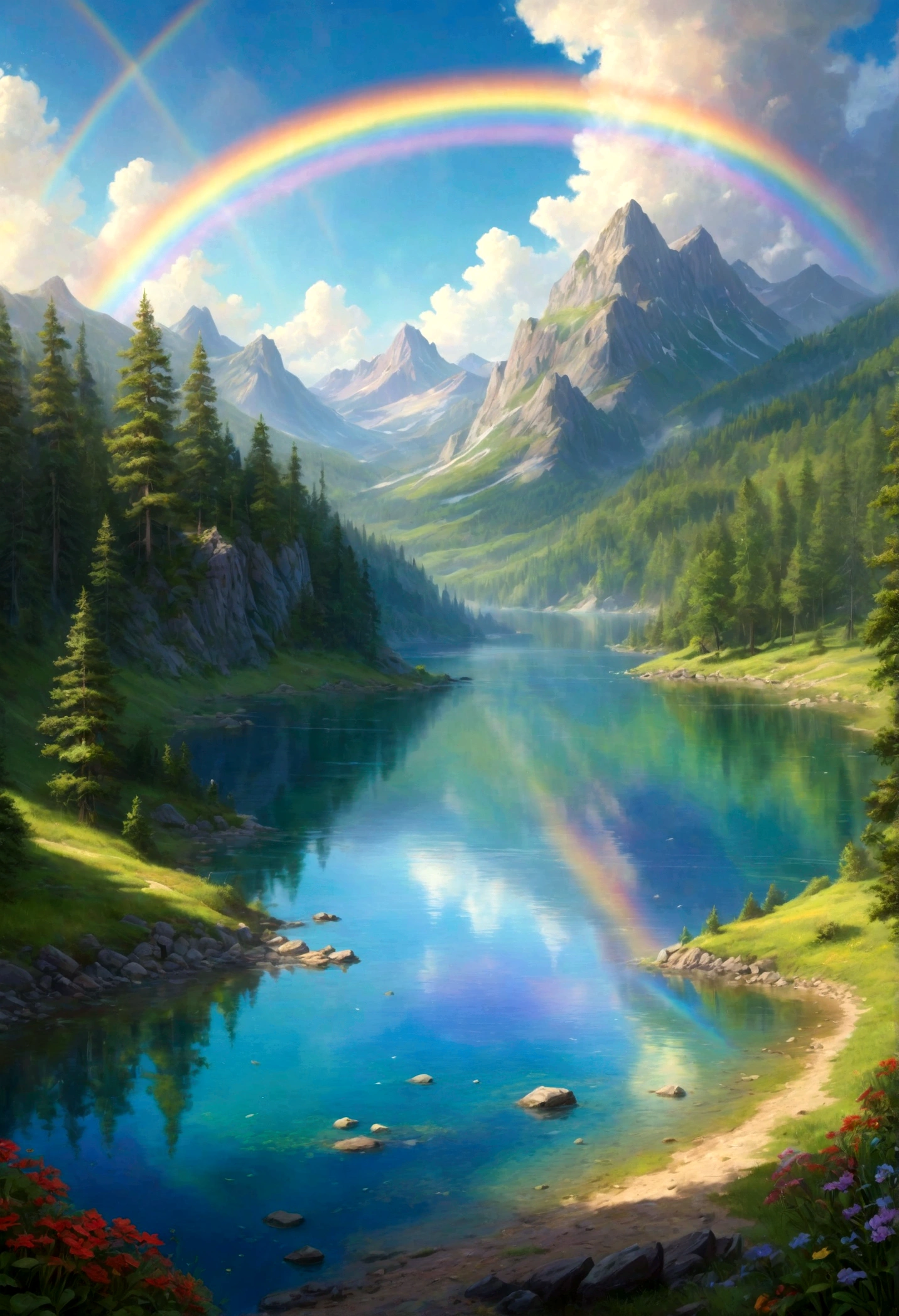 A photorealistic painting of a crystal-clear lake with a rainbow arching over its surface, casting a vibrant array of colors. Lush green forests surround the lake, and a legend whispers of mystical powers hidden within its depths. --v 6.0 --ar 9:16