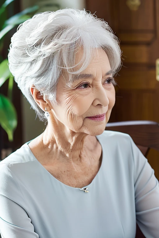 old woman、80 years old、She has white hair tied up in a ponytail、A gentle look、Elegant look、Sitting in a chair watching this