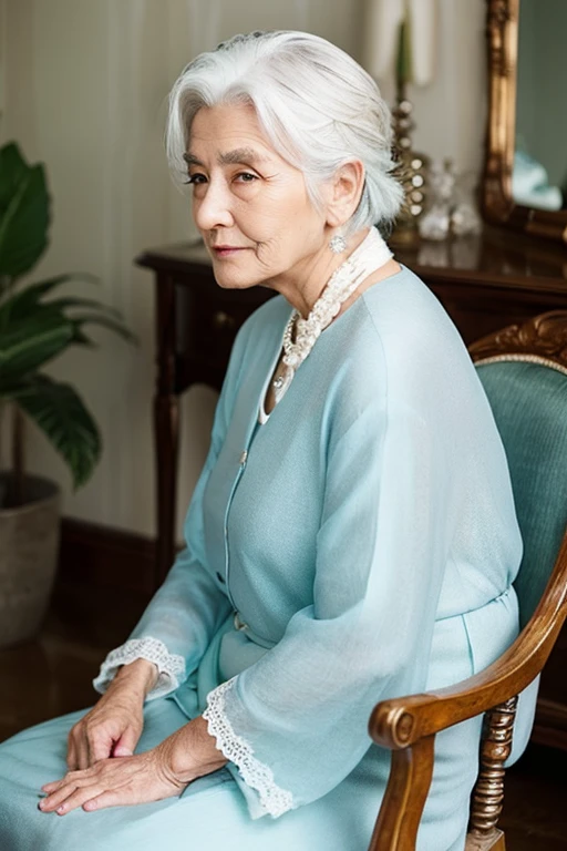 old woman、80 years old、She has white hair tied up in a ponytail、A gentle look、Elegant look、Sitting in a chair watching this