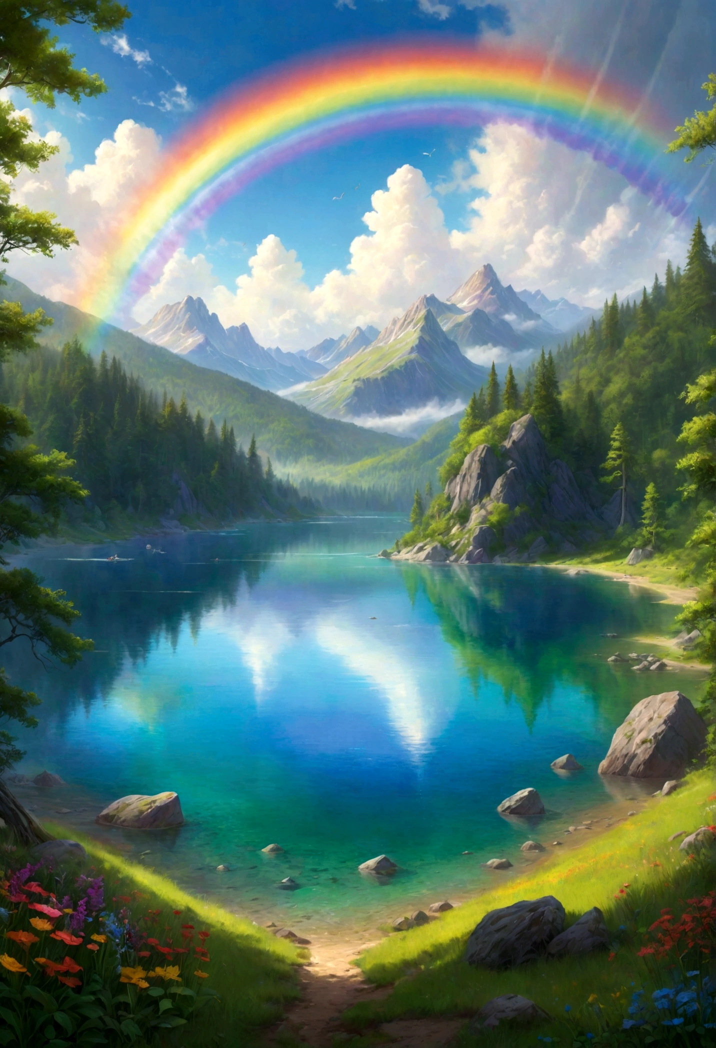 A photorealistic painting of a crystal-clear lake with a rainbow arching over its surface, casting a vibrant array of colors. Lush green forests surround the lake, and a legend whispers of mystical powers hidden within its depths. --v 6.0 --ar 9:16